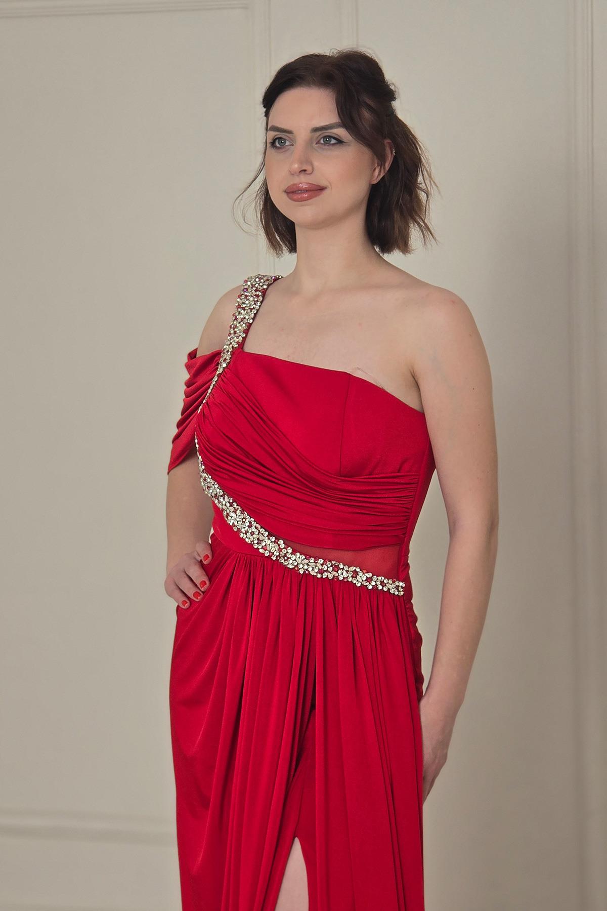 Kırmızı Tek Omuz Buzzy Abiye 5270