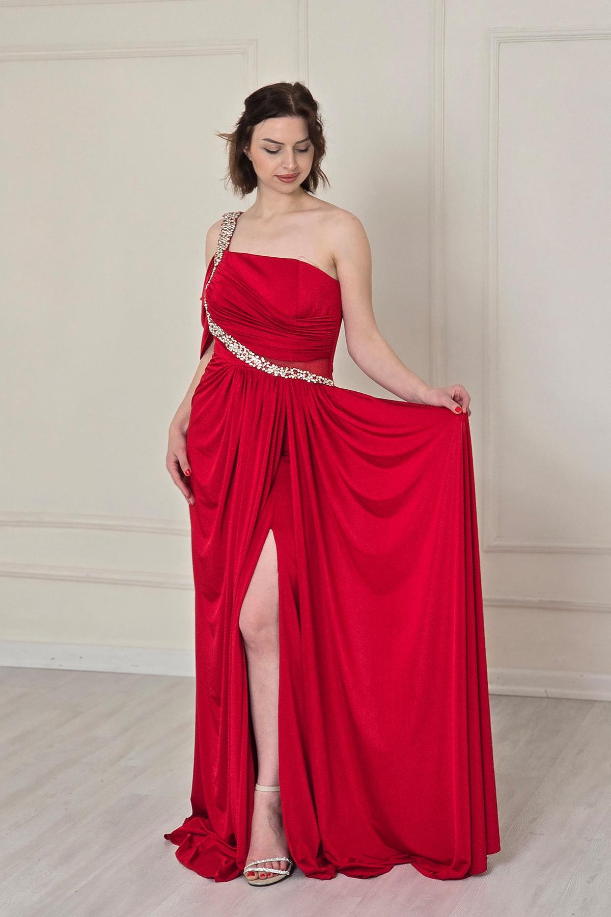 Kırmızı Tek Omuz Buzzy Abiye 5270