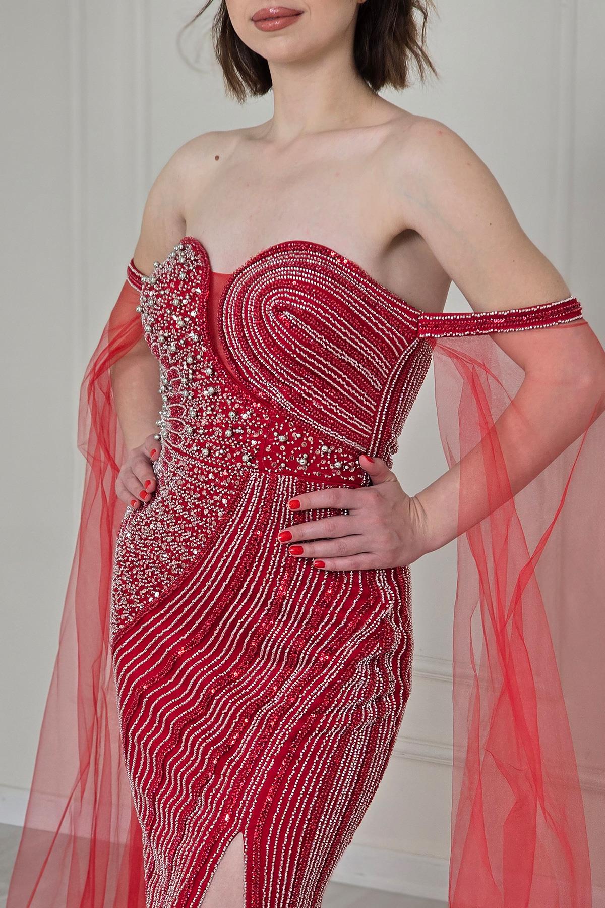 Kırmızı Tül Detaylı Abiye 910