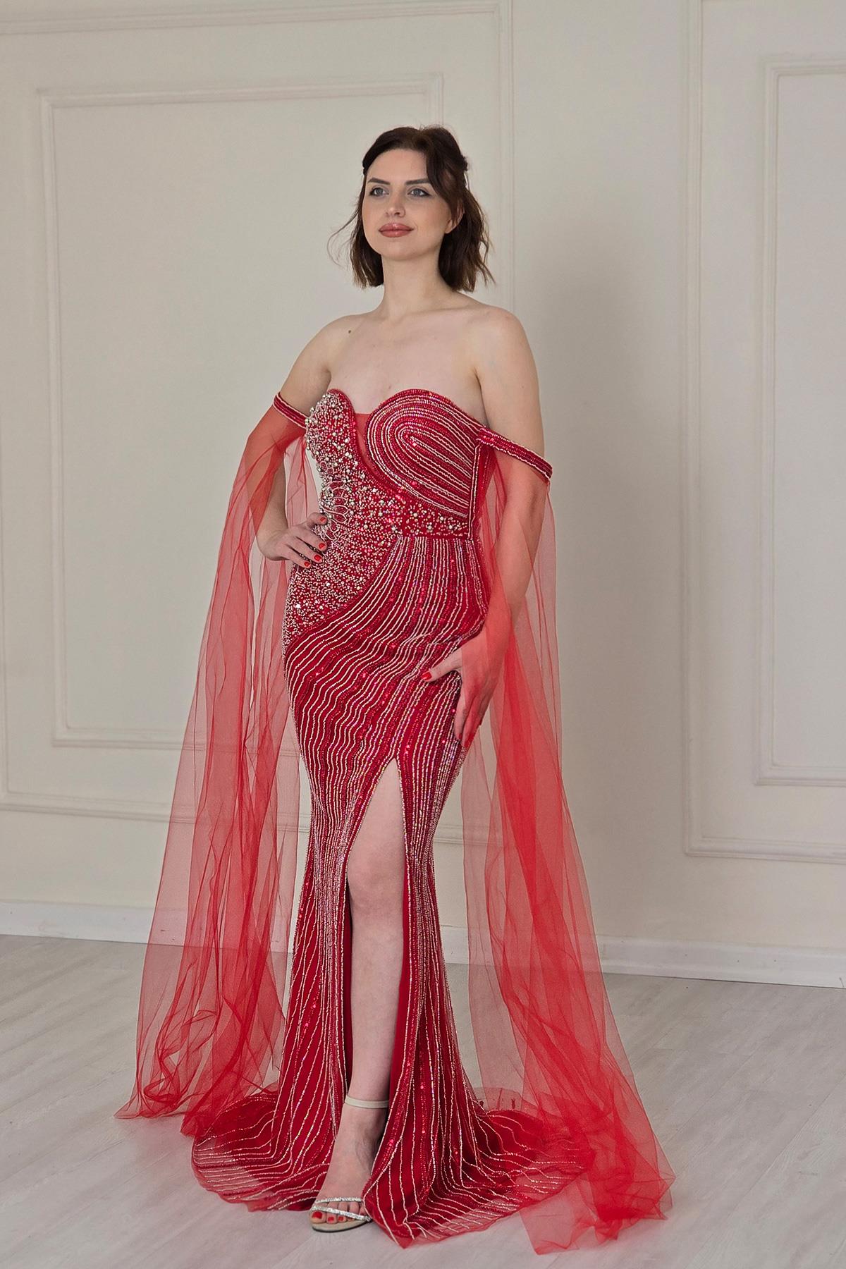 Kırmızı Tül Detaylı Abiye 910