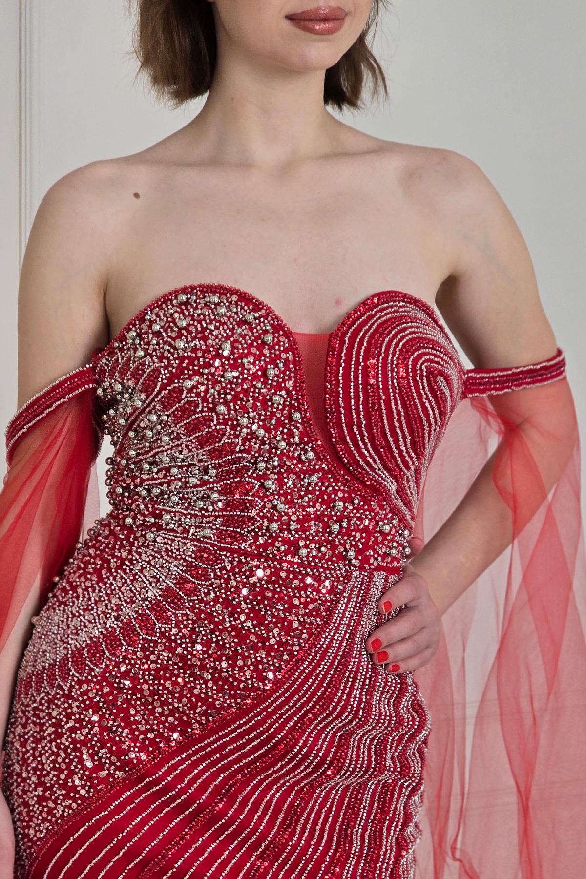 Kırmızı Tül Detaylı Abiye 910