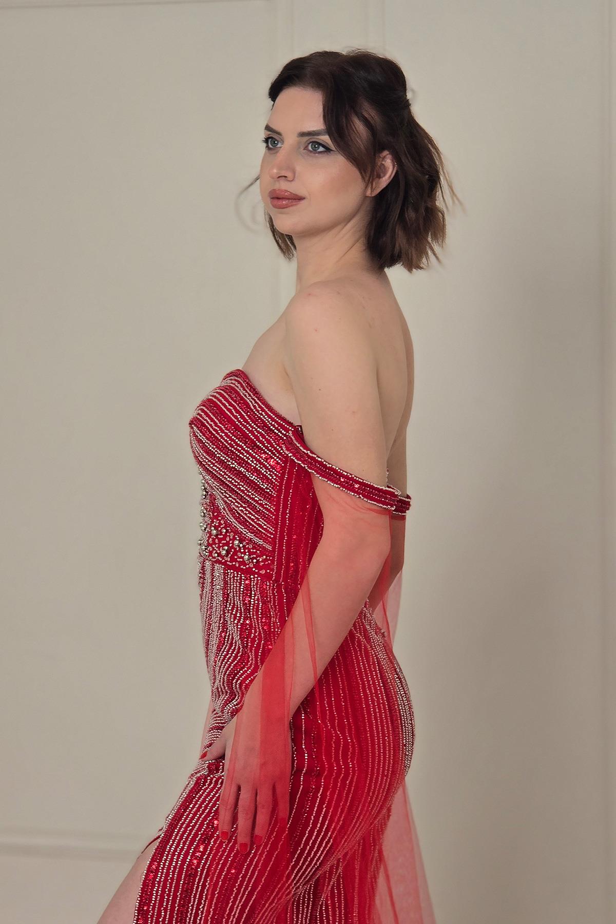 Kırmızı Tül Detaylı Abiye 910