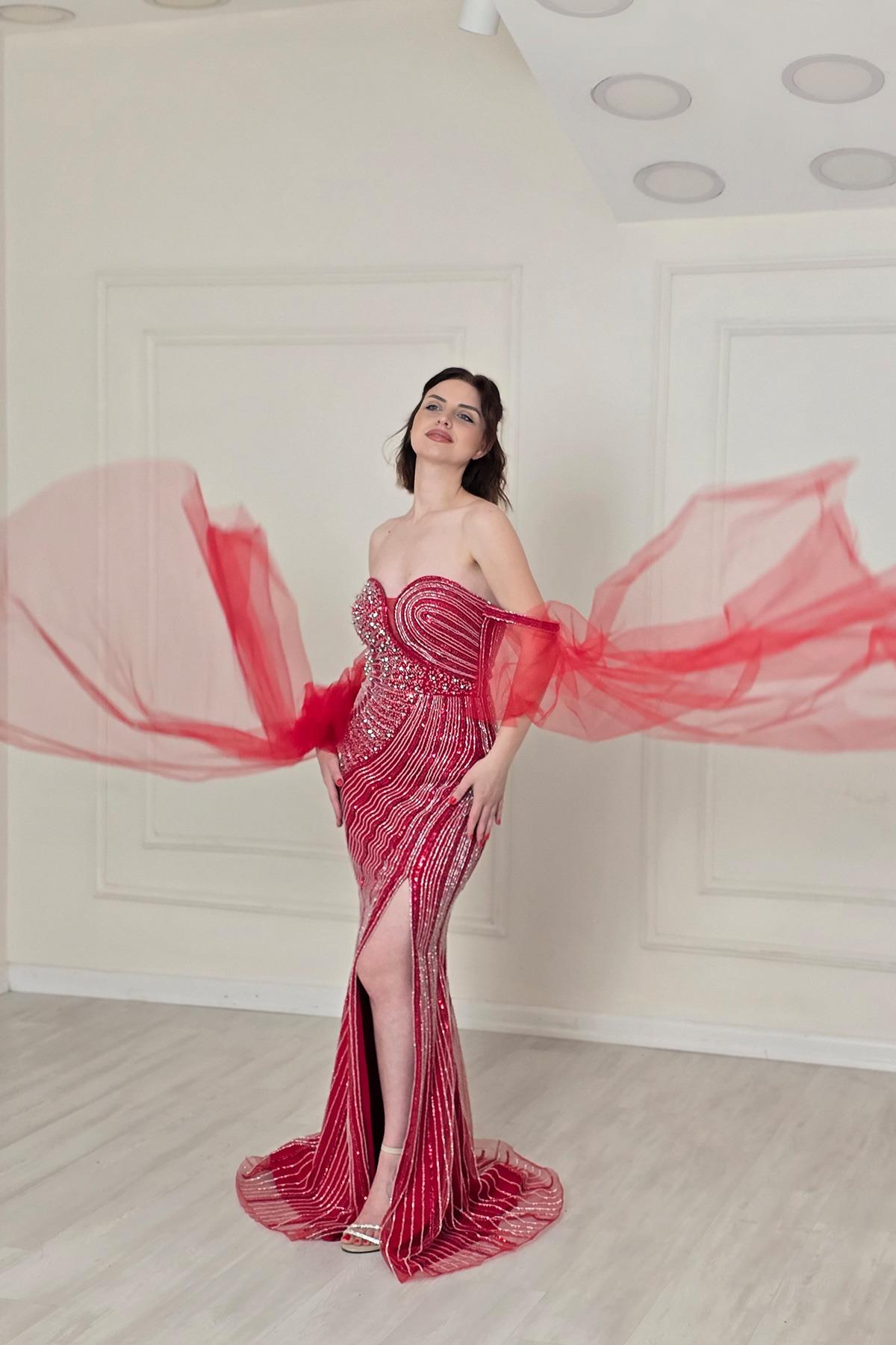 Kırmızı Tül Detaylı Abiye 910