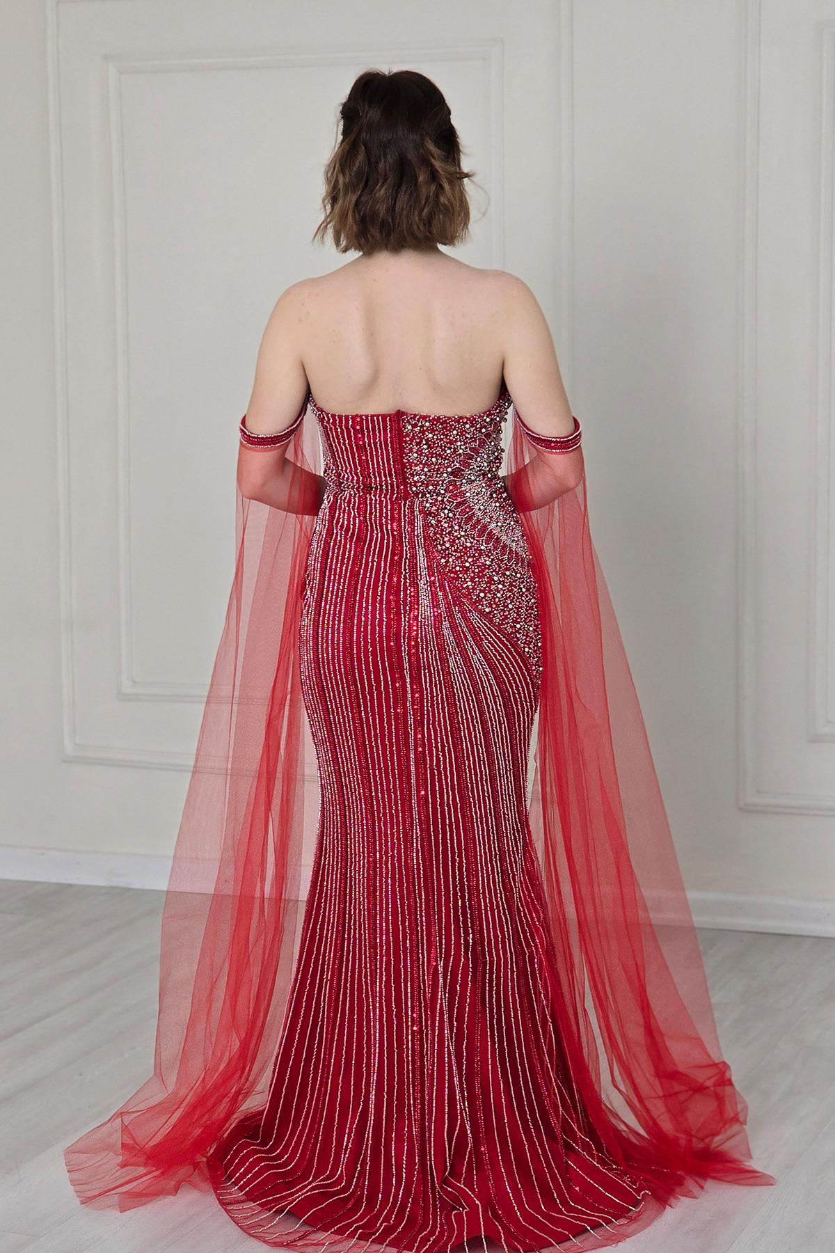 Kırmızı Tül Detaylı Abiye 910