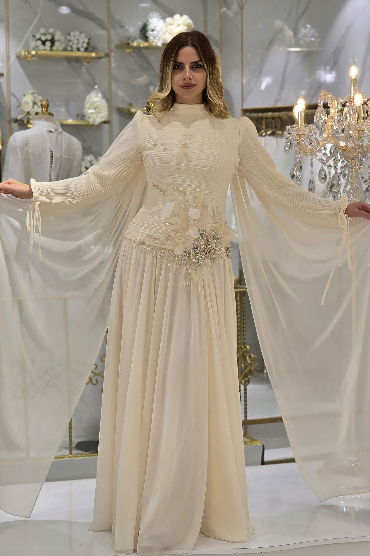 Krem İşlemeli Şifon Abiye 4606