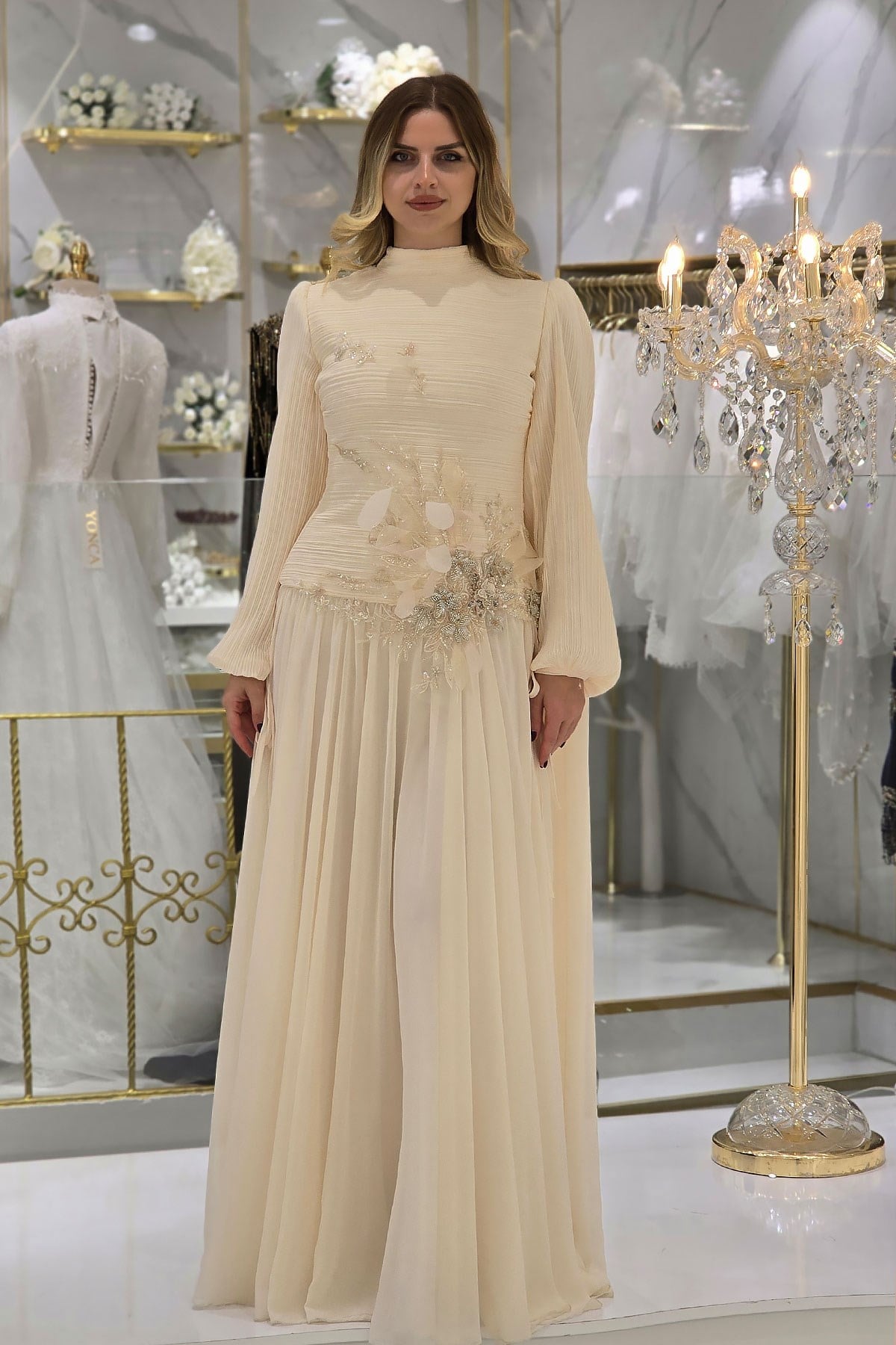 Krem İşlemeli Şifon Abiye 4606