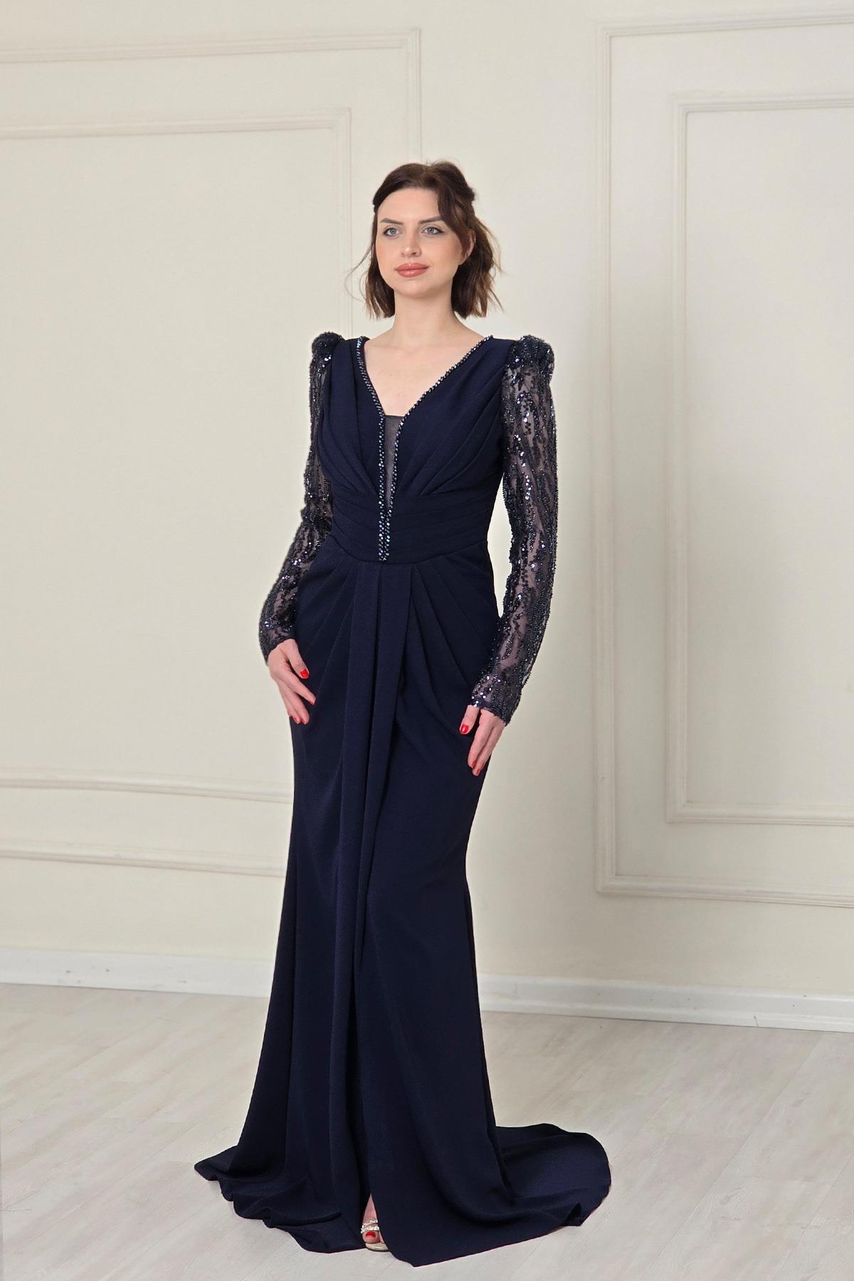 Lacivert Belden Drapeli Abiye 5225