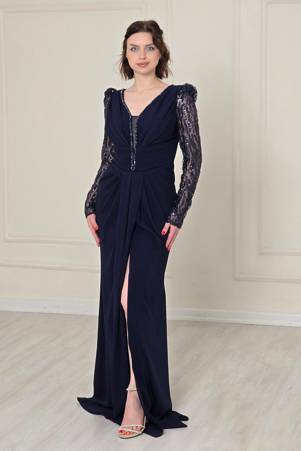 Lacivert Belden Drapeli Abiye 5225