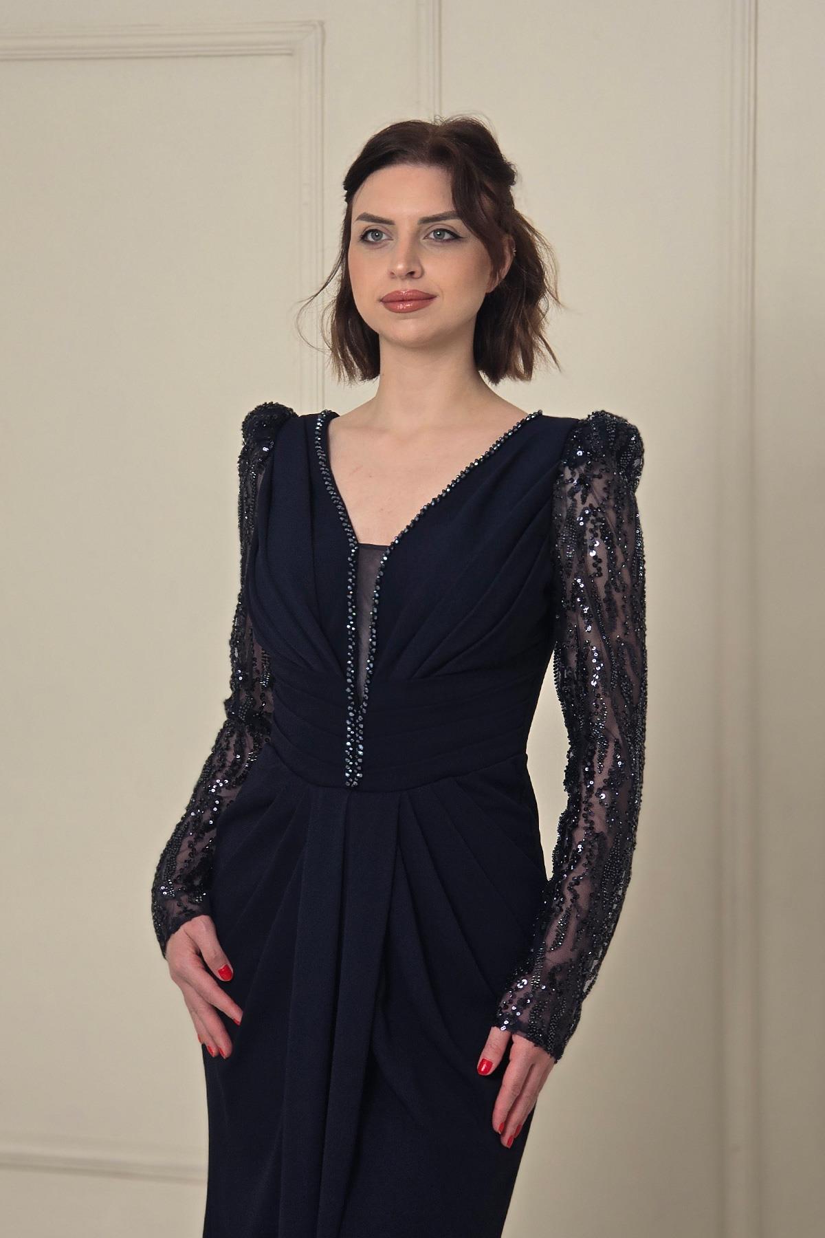 Lacivert Belden Drapeli Abiye 5225