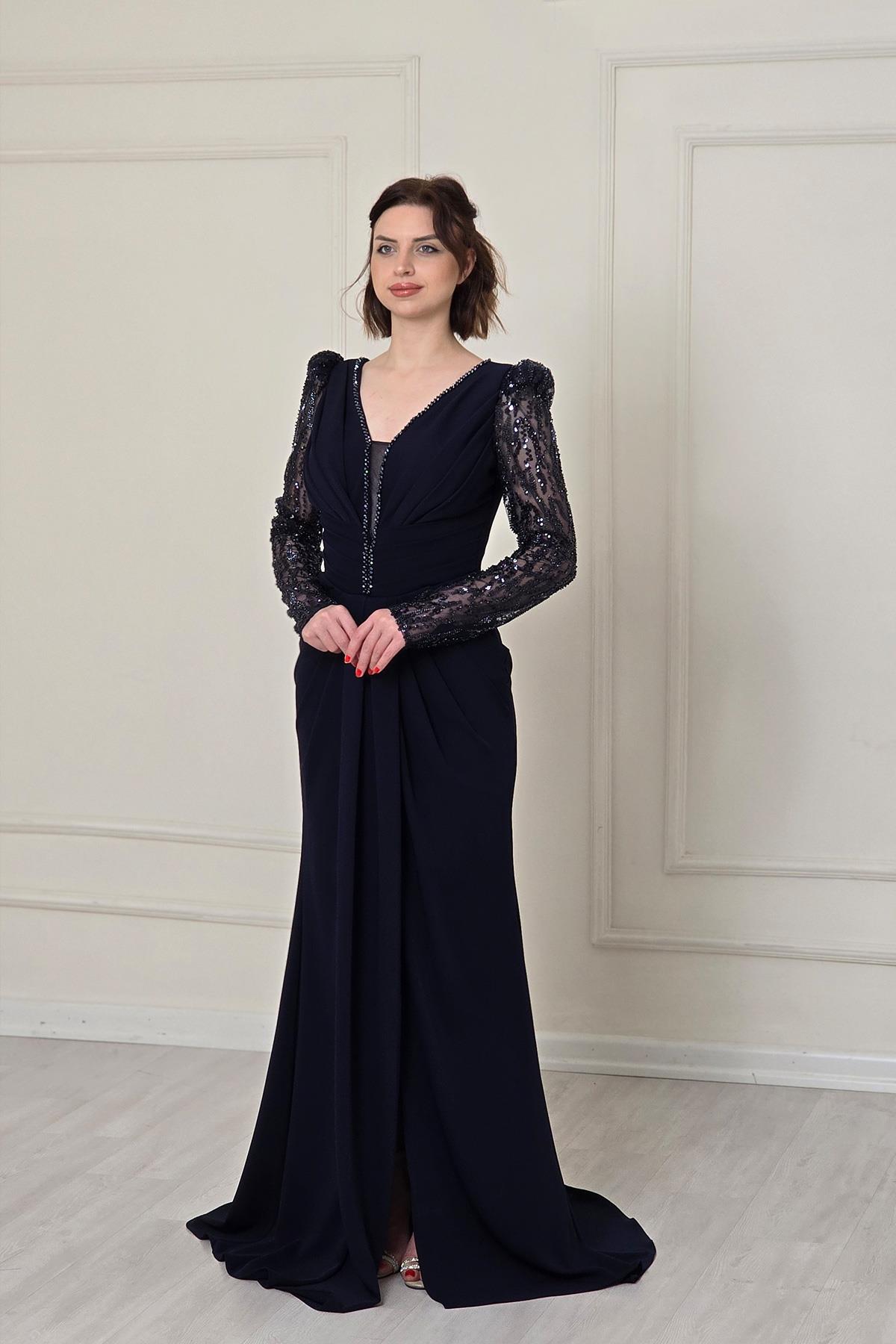 Lacivert Belden Drapeli Abiye 5225