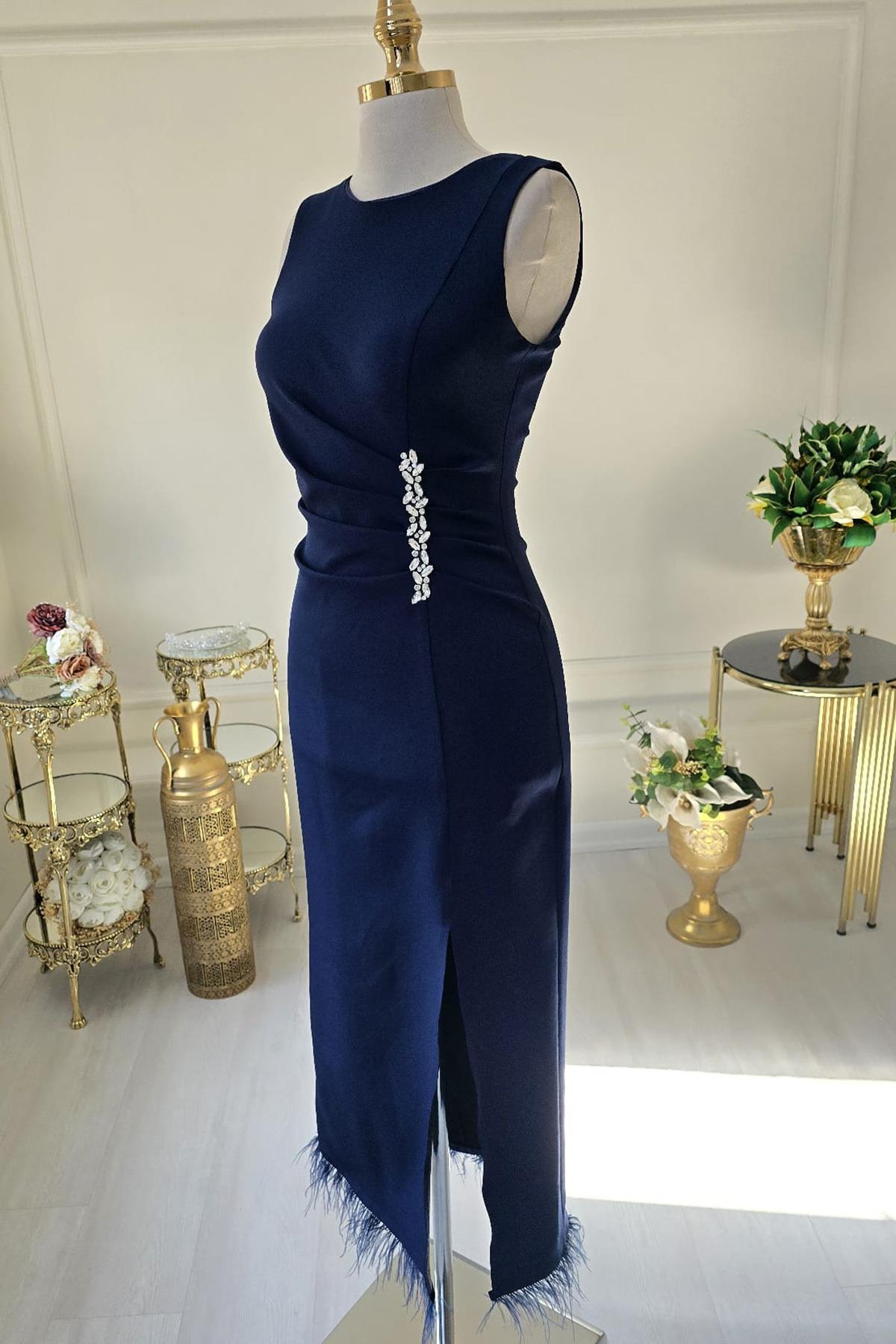 Lacivert Beli Taşlı Otrişli Elbise 8276