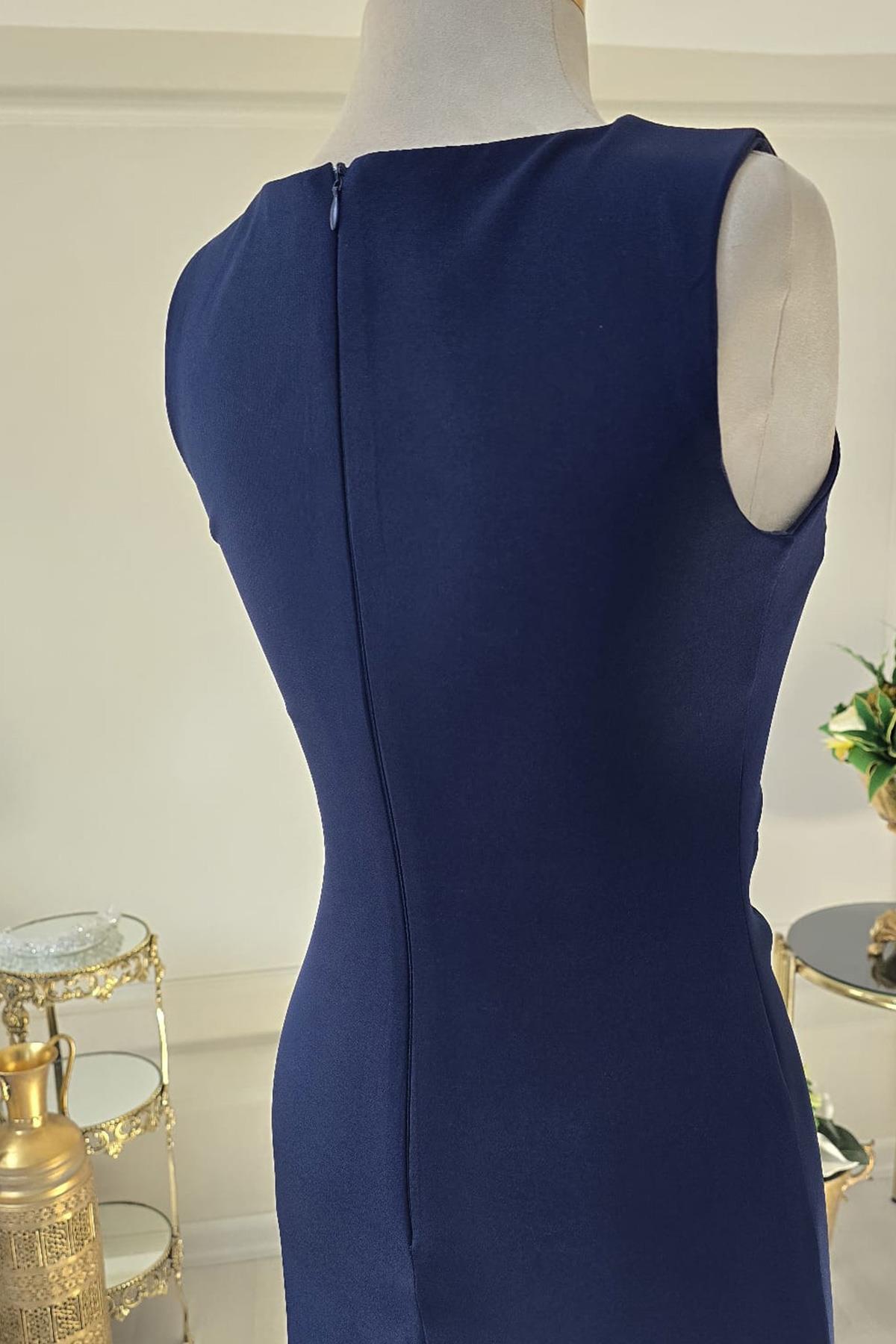 Lacivert Beli Taşlı Otrişli Elbise 8276