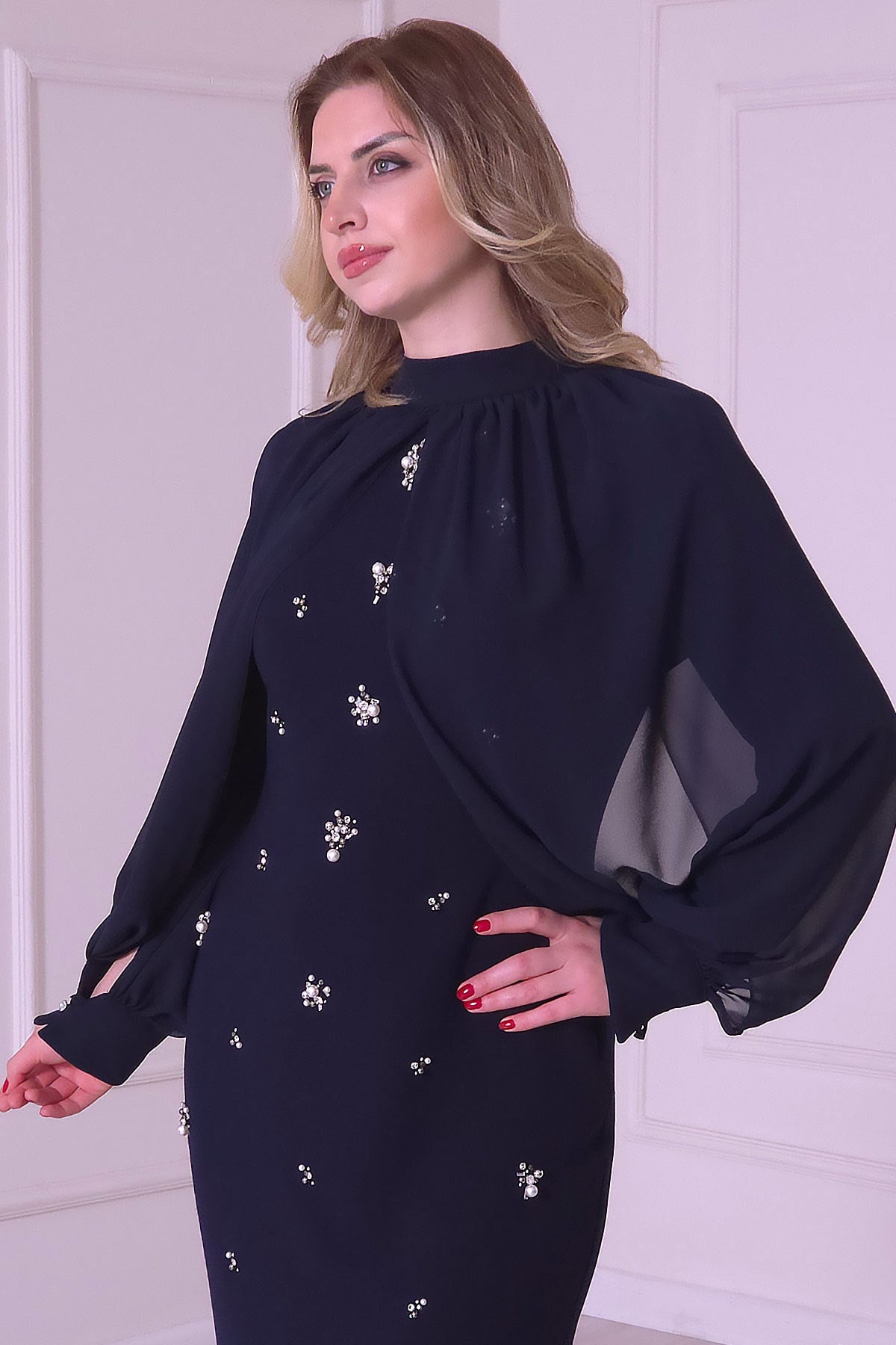 Lacivert Bolerolu Krep Elbise 4446