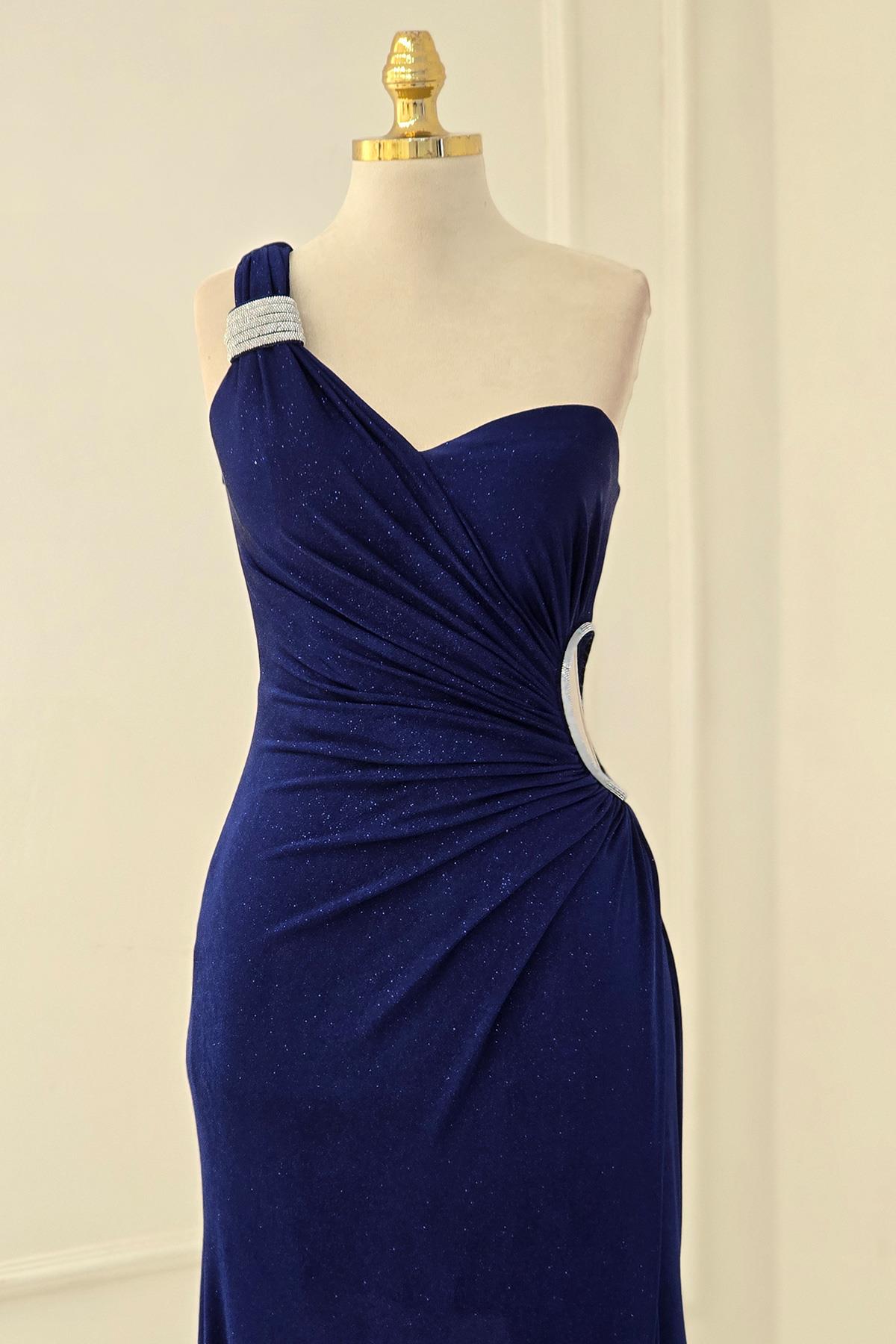 Lacivert - Bordo TEK KOL PARILTILI ELBİSE 2542