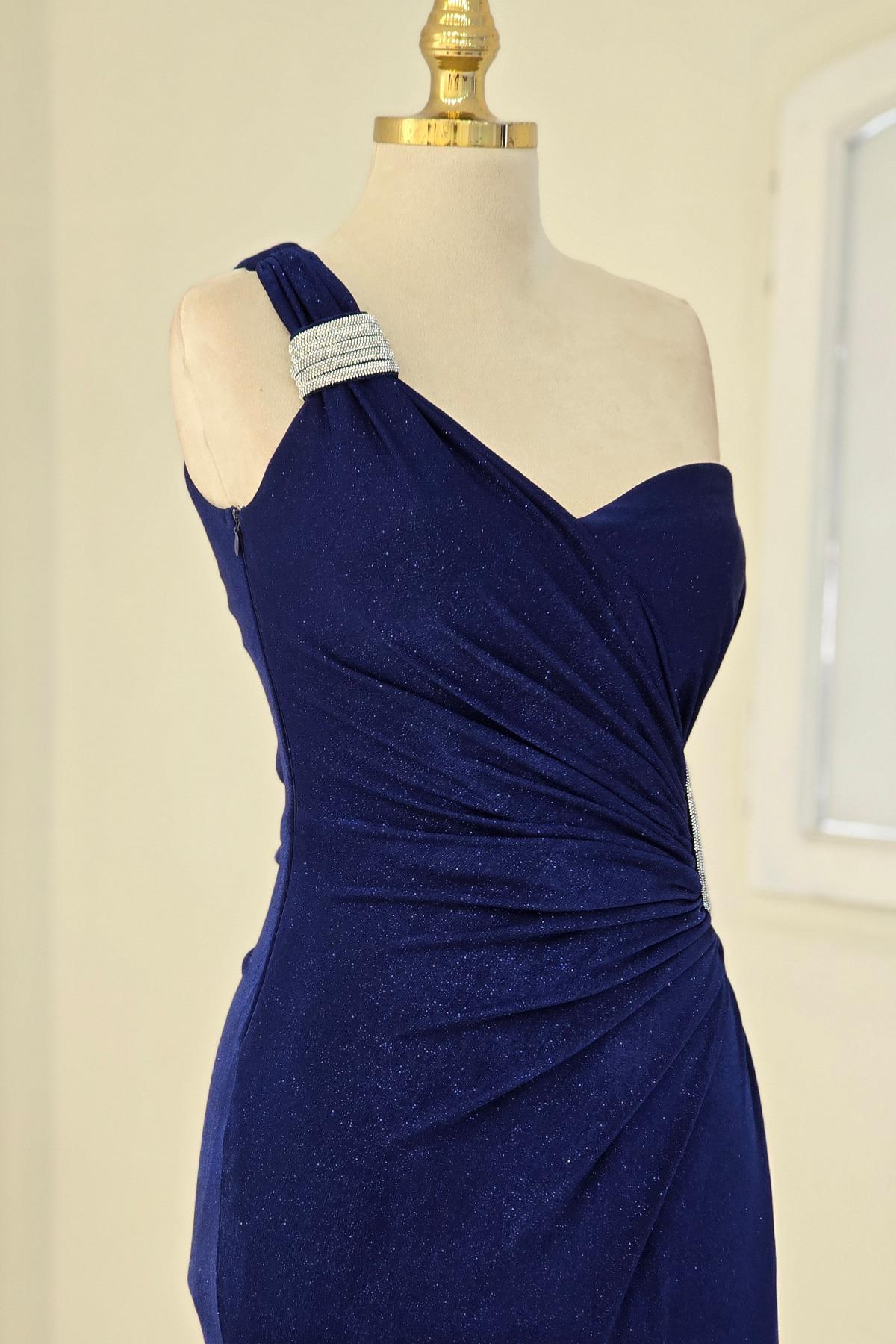 Lacivert - Bordo TEK KOL PARILTILI ELBİSE 2542