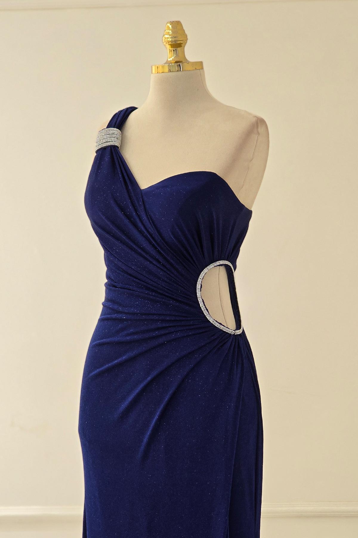 Lacivert - Bordo TEK KOL PARILTILI ELBİSE 2542