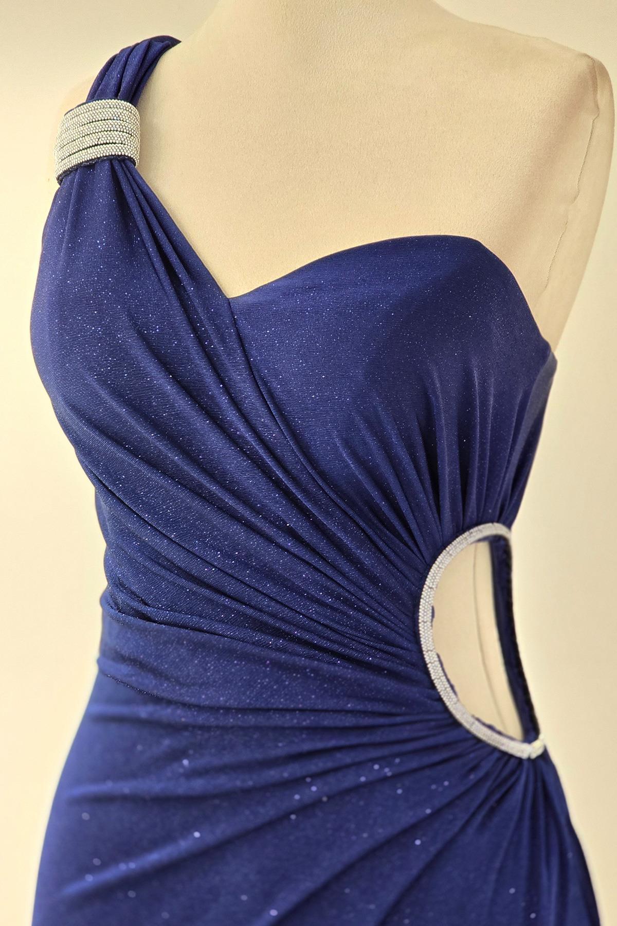 Lacivert - Bordo TEK KOL PARILTILI ELBİSE 2542