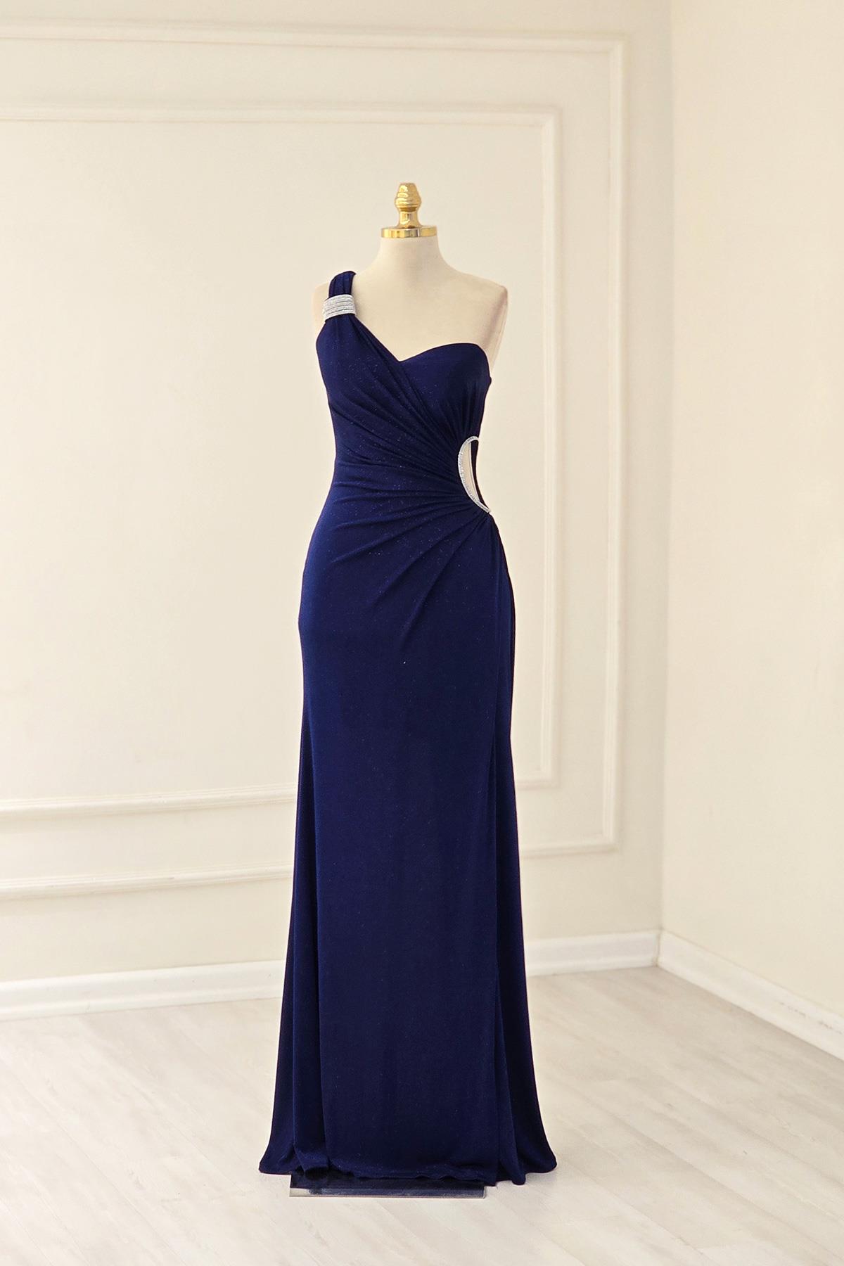 Lacivert - Bordo TEK KOL PARILTILI ELBİSE 2542