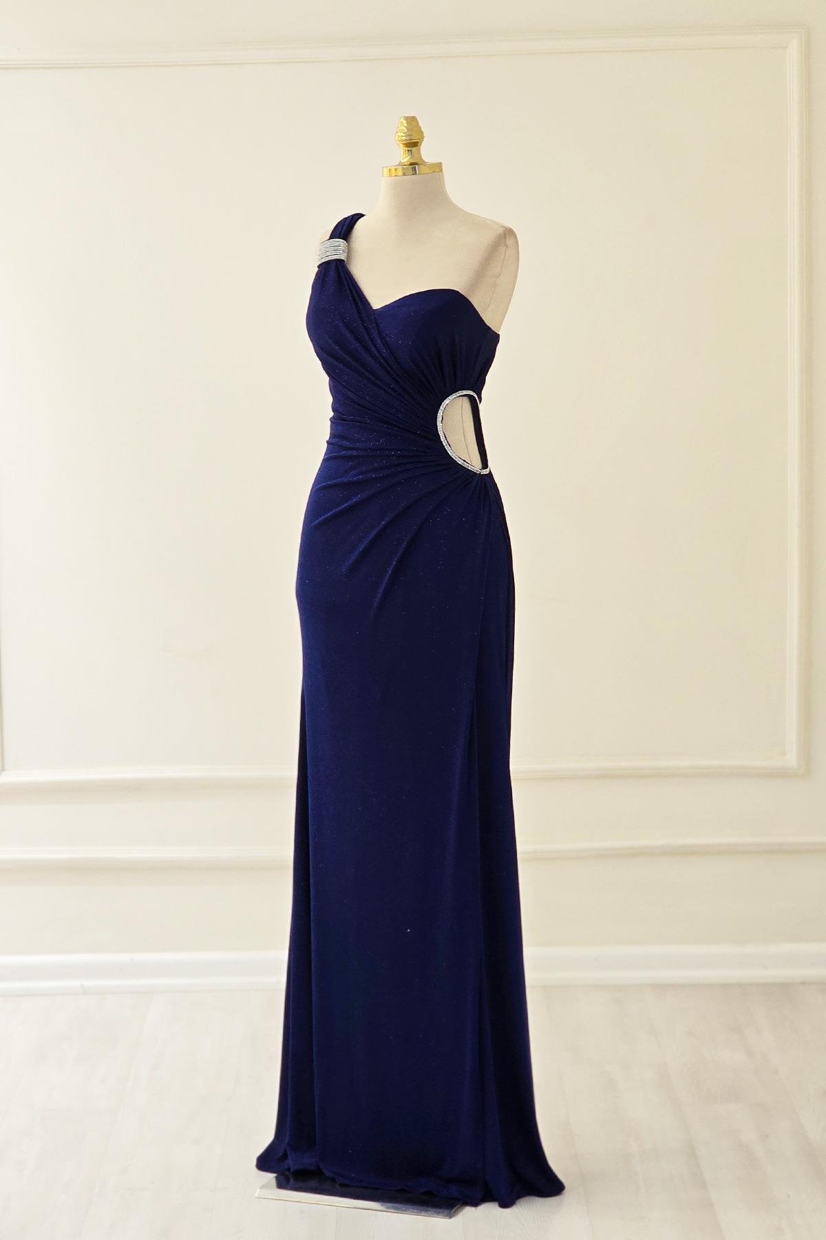 Lacivert - Bordo TEK KOL PARILTILI ELBİSE 2542