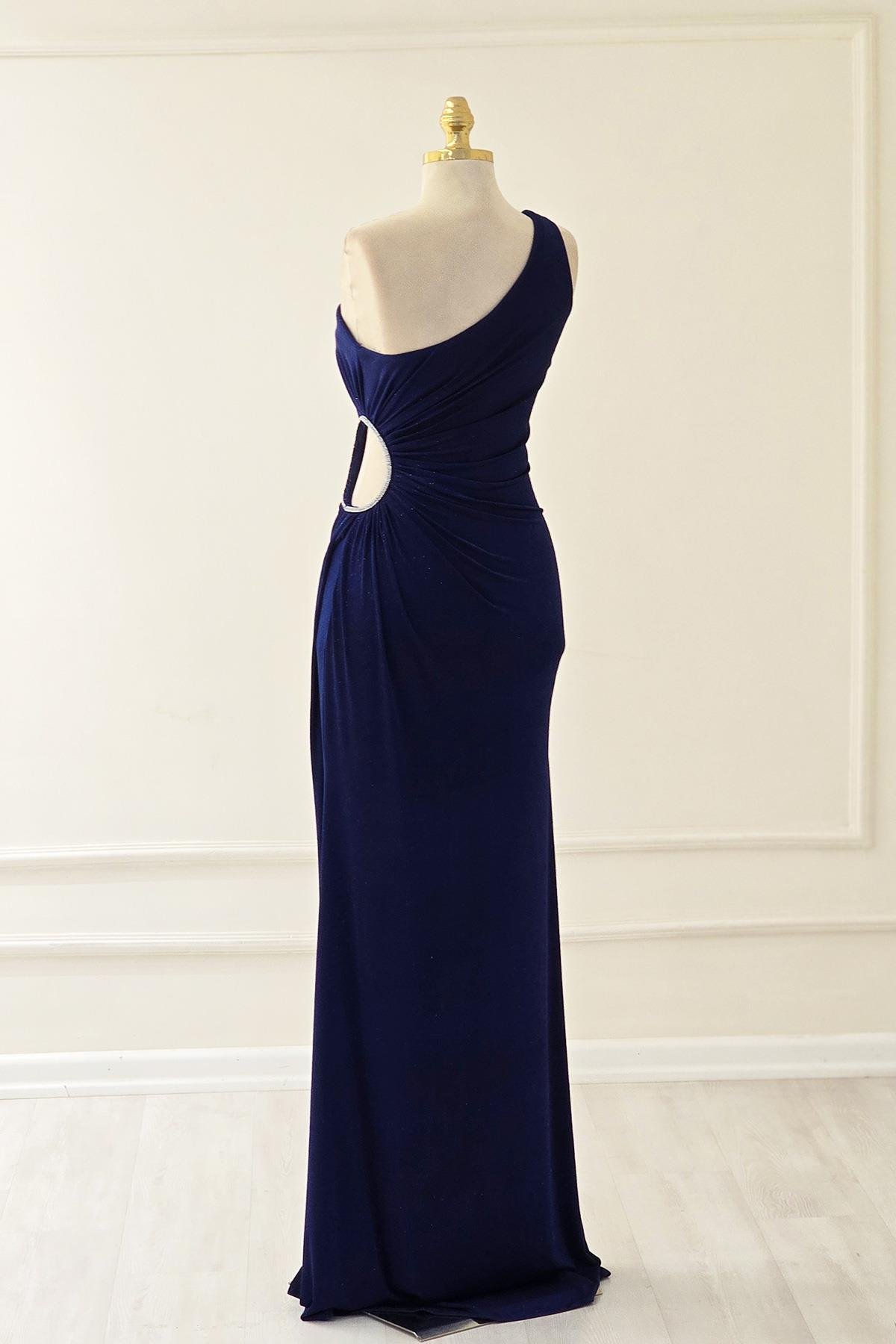 Lacivert - Bordo TEK KOL PARILTILI ELBİSE 2542