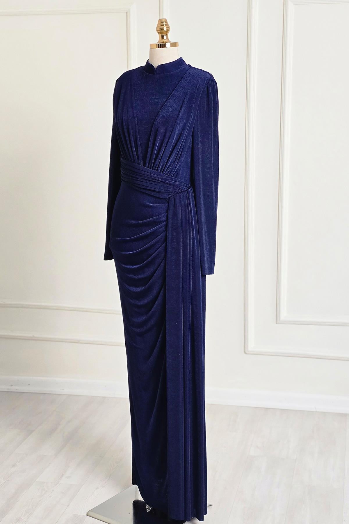 Lacivert Drapeli Abiye 4901