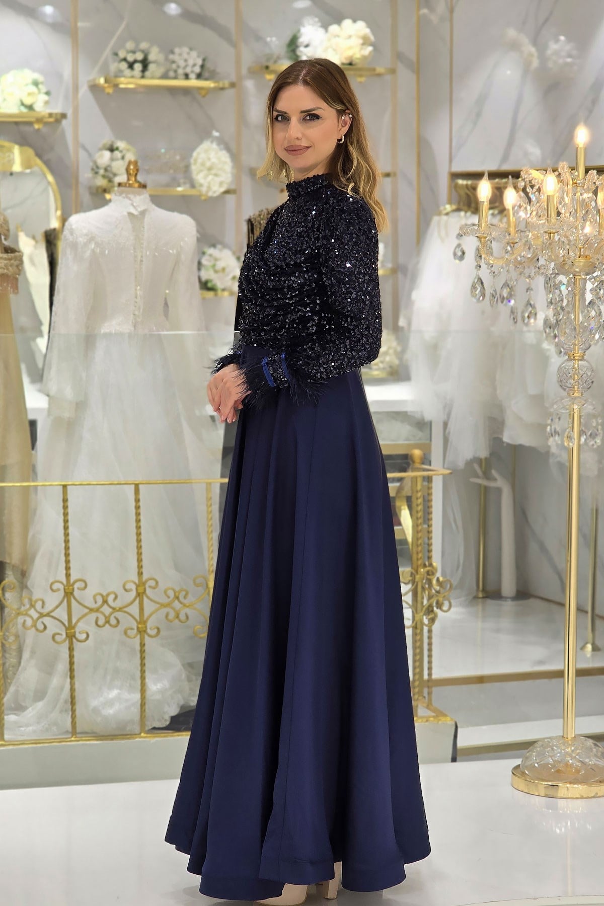 Lacivert Kolları Tüylü Payet Abiye 4796