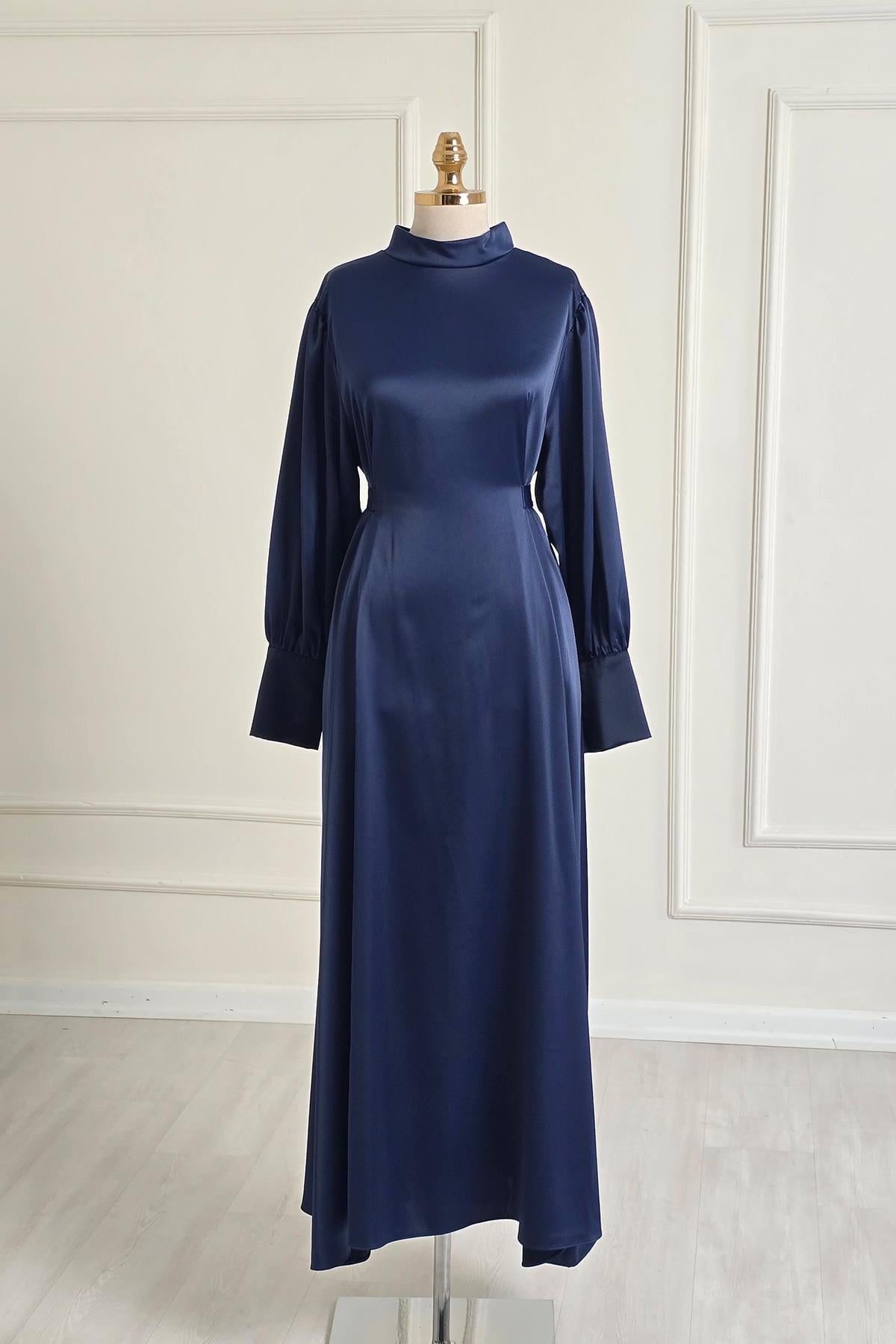 Lacivert Manşetli Saten Elbise 4622