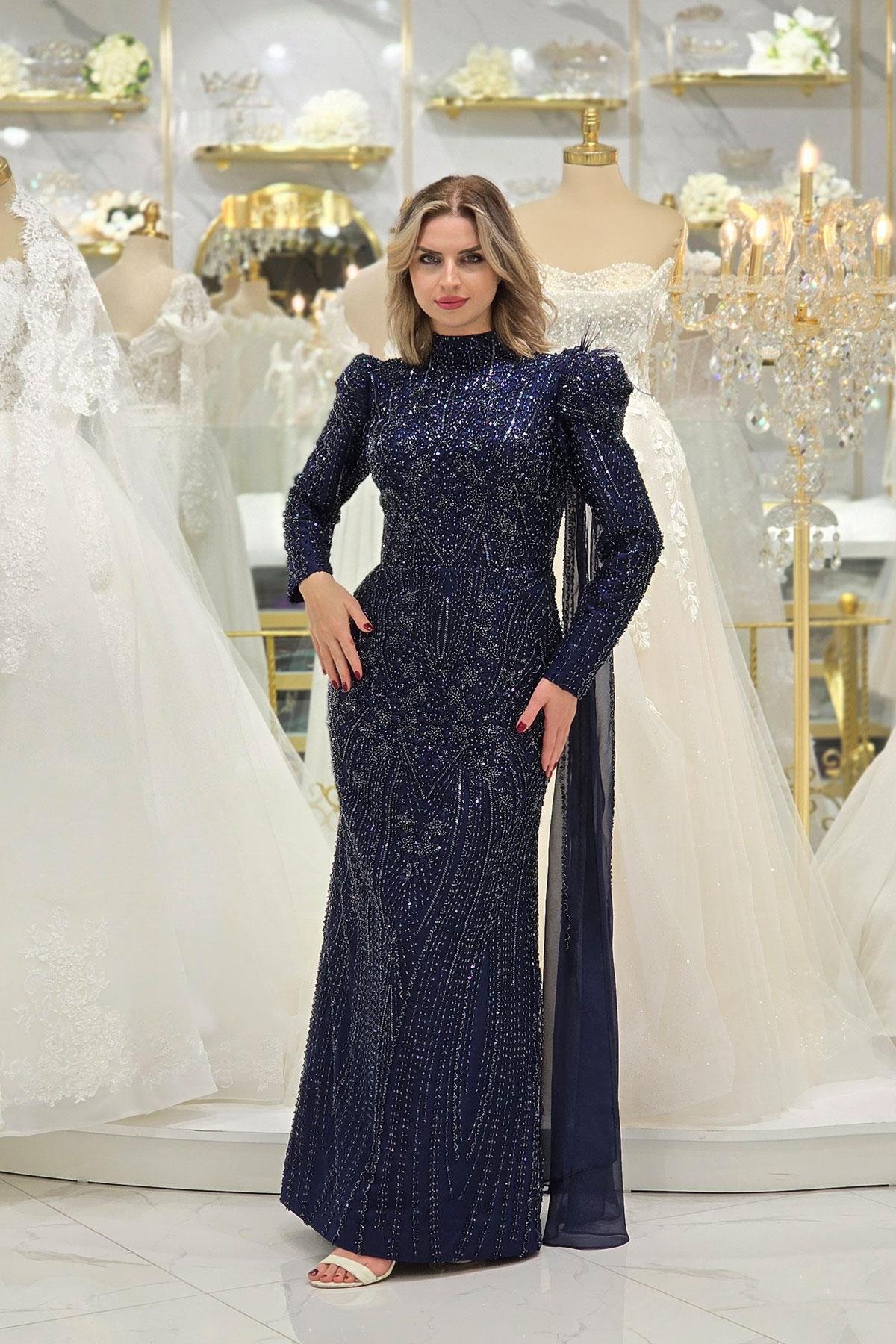Lacivert Nazlı Tesettür Nişanlık 8042