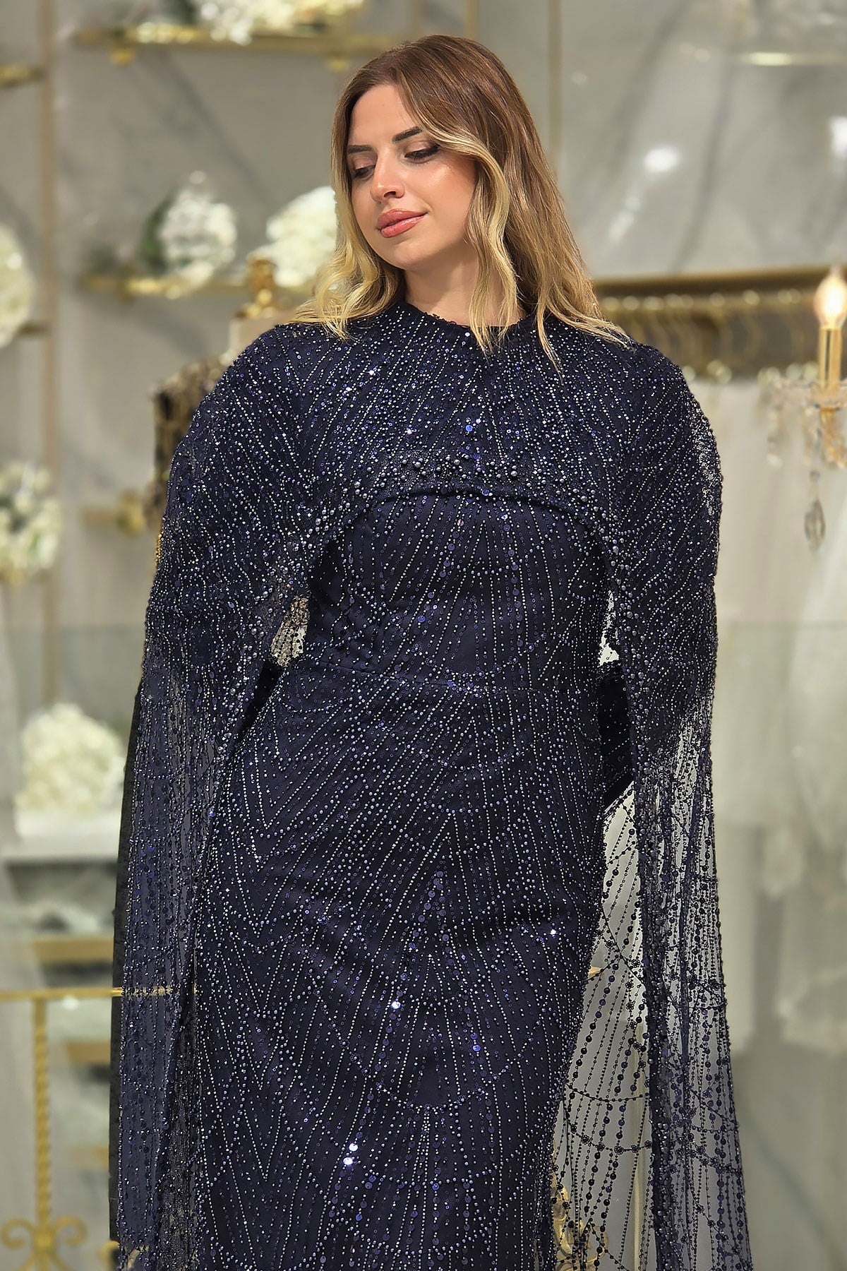 Lacivert Pul Payet Pelerinli Abiye 124