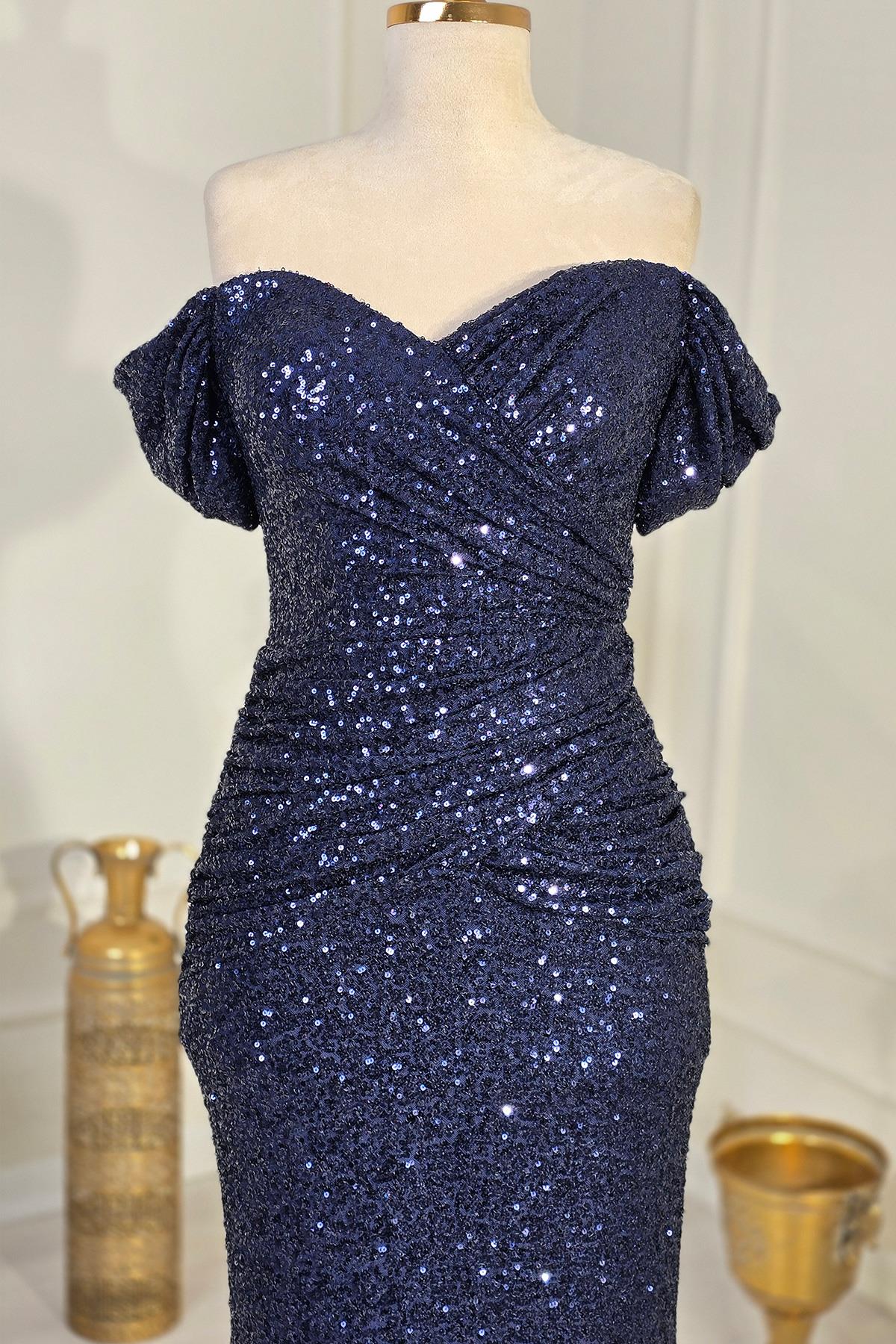 Lacivert Sık Payet Elbise 8278