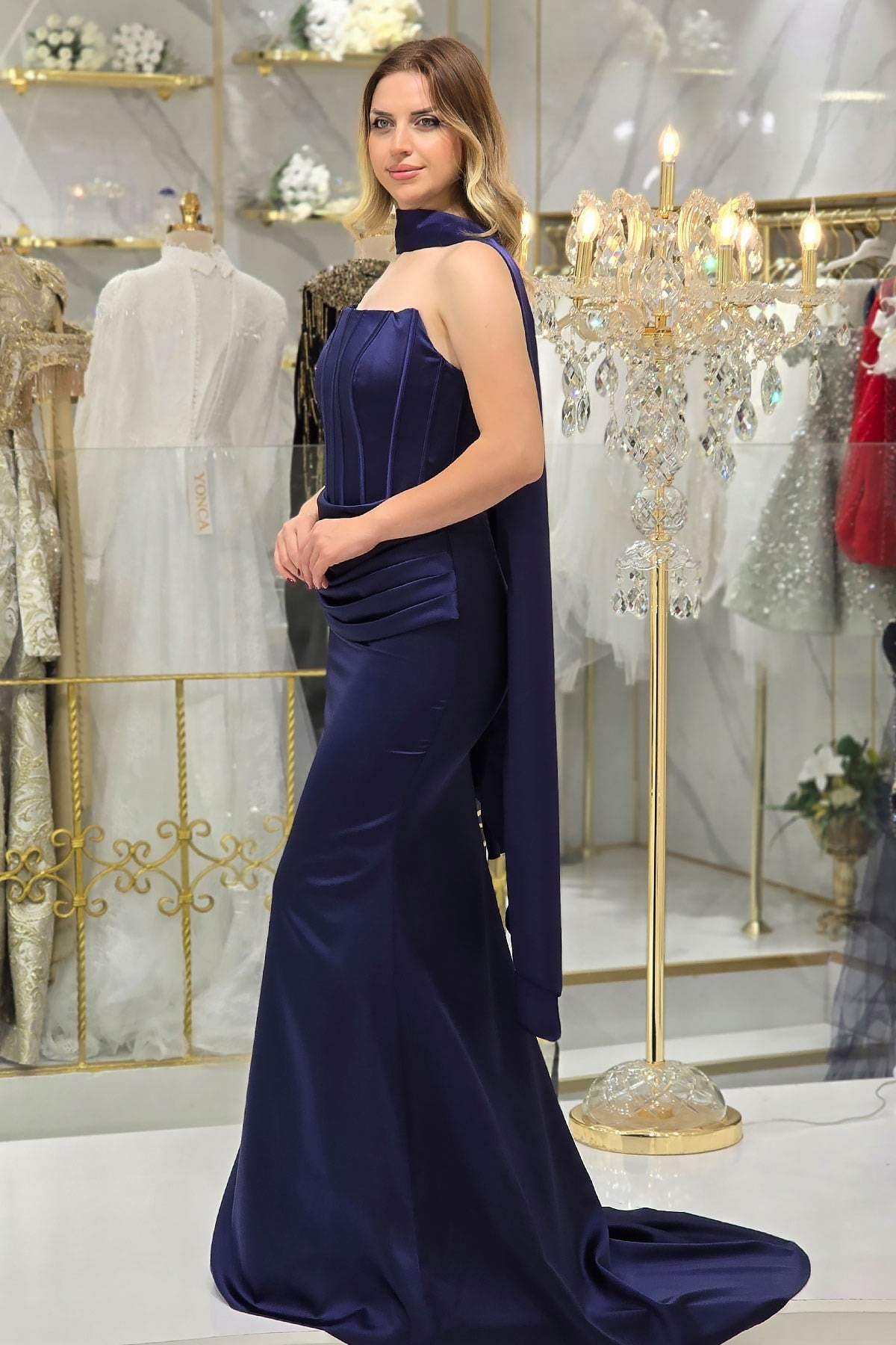 Lacivert Straplez Korseli Drapeli Abiye 40280