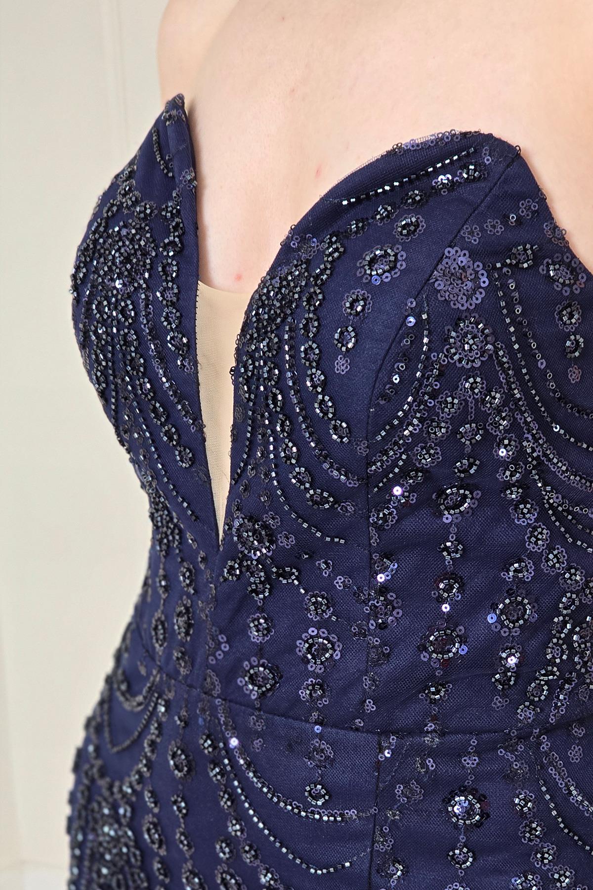 Lacivert Straplez Taşlı Abiye 5285