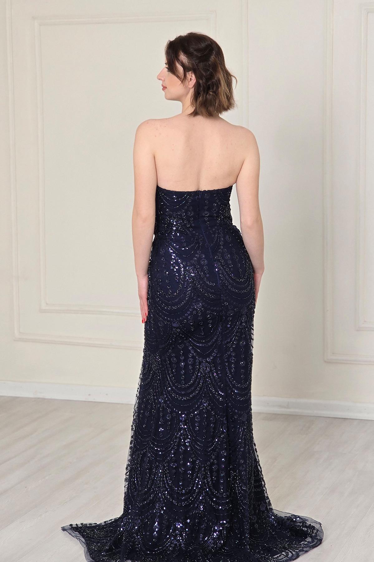 Lacivert Straplez Taşlı Abiye 5285