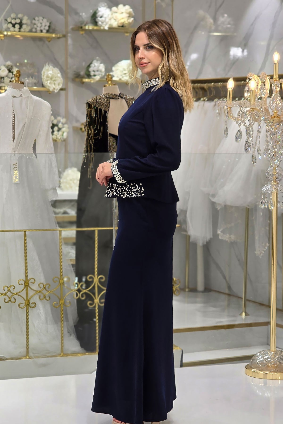 Lacivert Taşlı Abiye 4862
