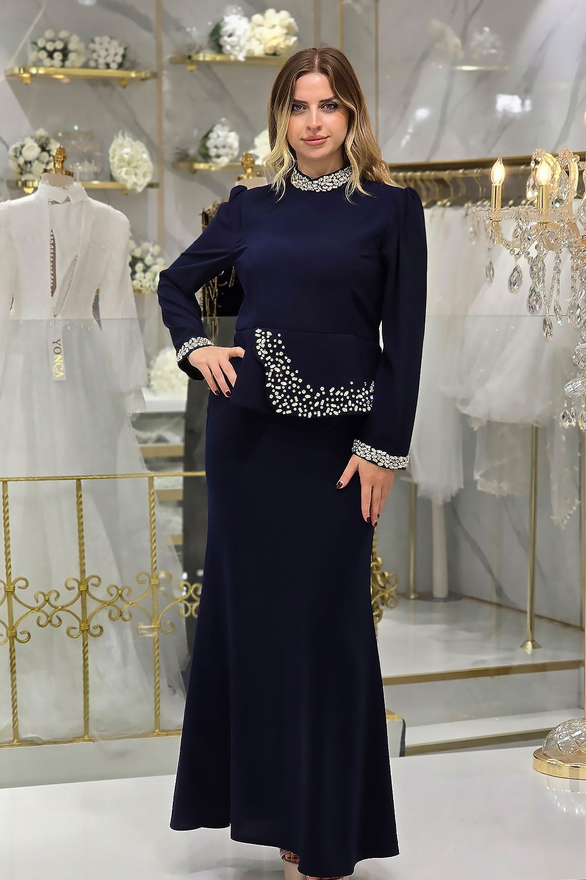 Lacivert Taşlı Abiye 4862