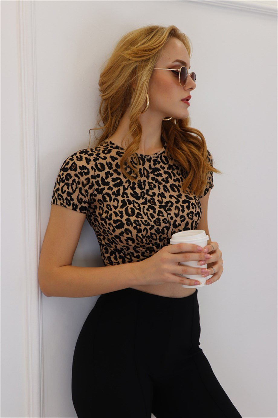 Leopar Desenli Kısa Kol Crop Top 6175