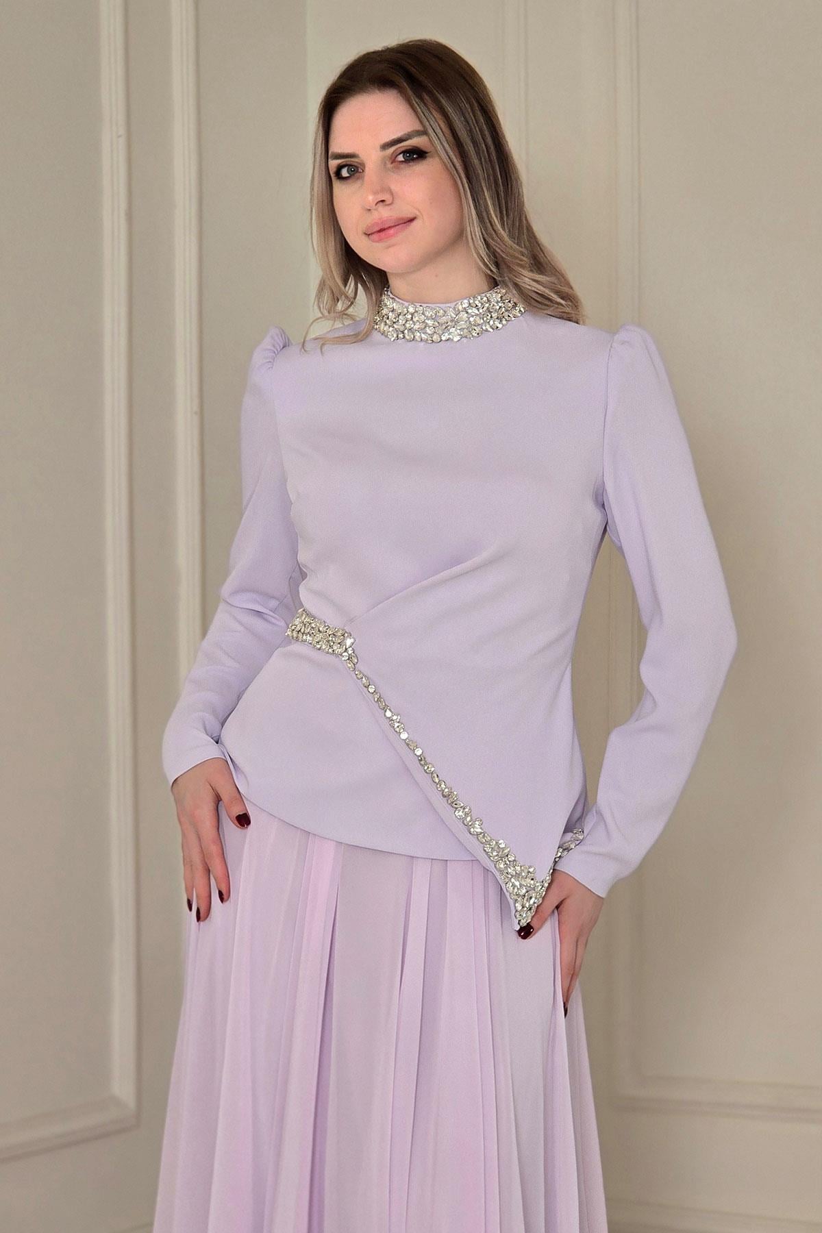Lila Krep Elbise 4502