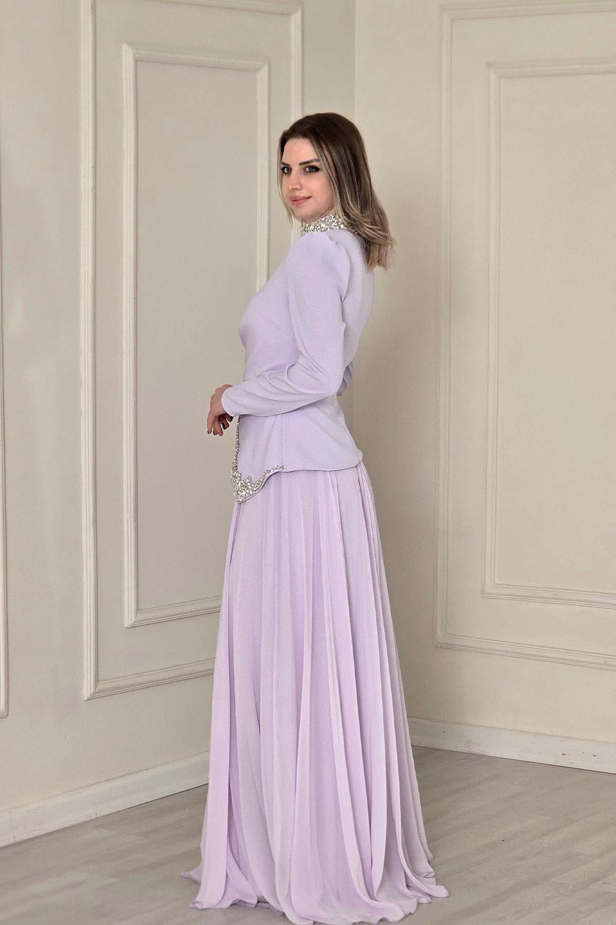 Lila Krep Elbise 4502