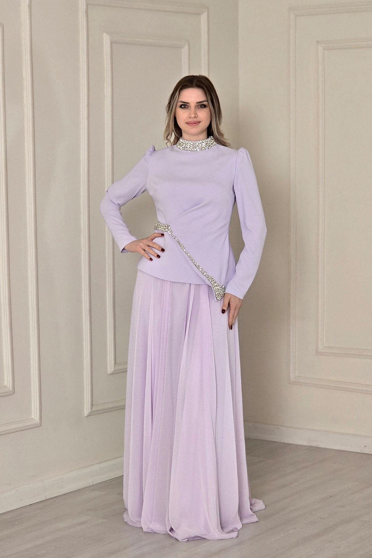 Lila Krep Elbise 4502