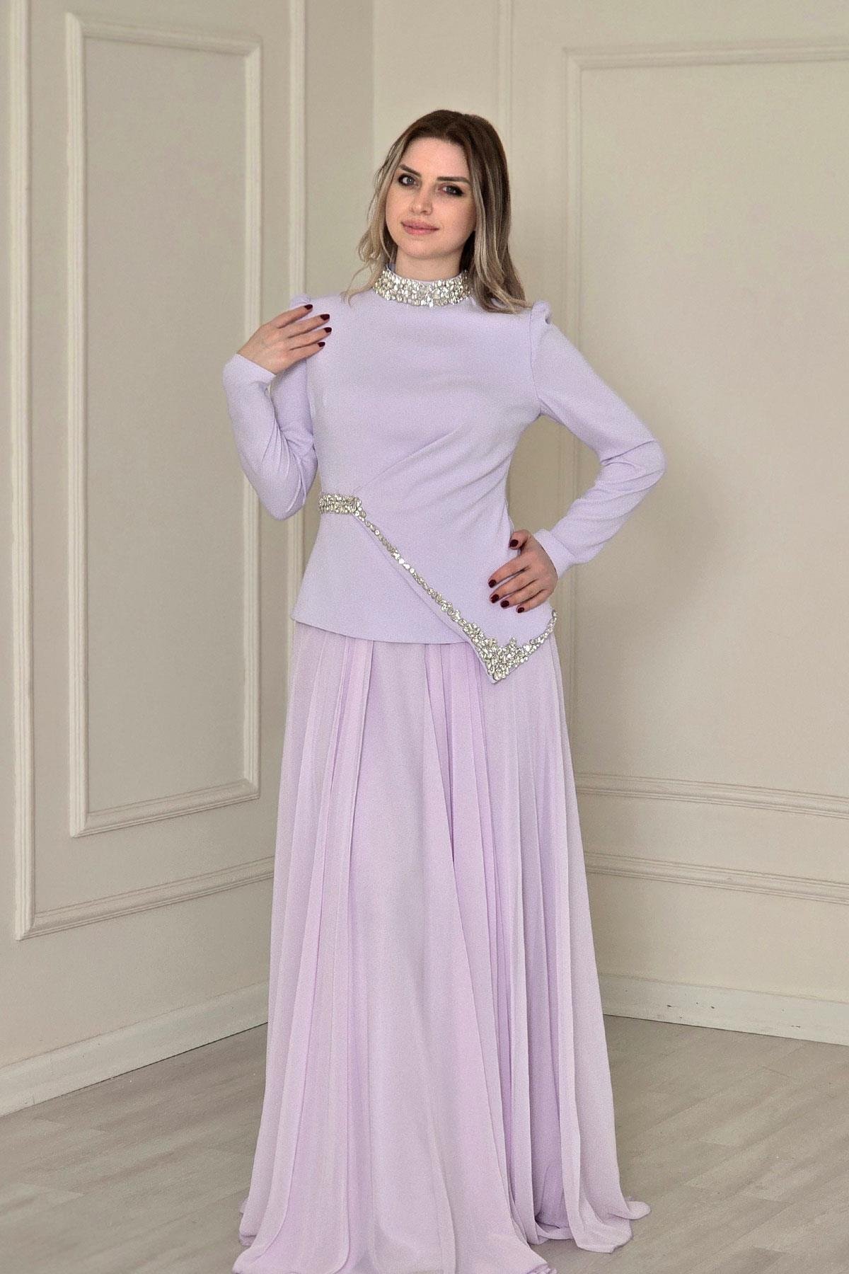 Lila Krep Elbise 4502