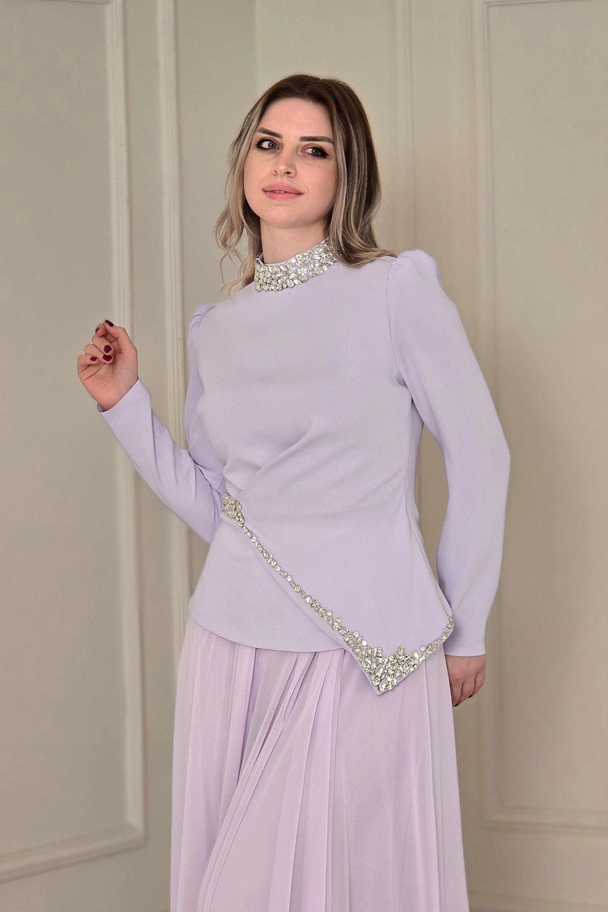 Lila Krep Elbise 4502