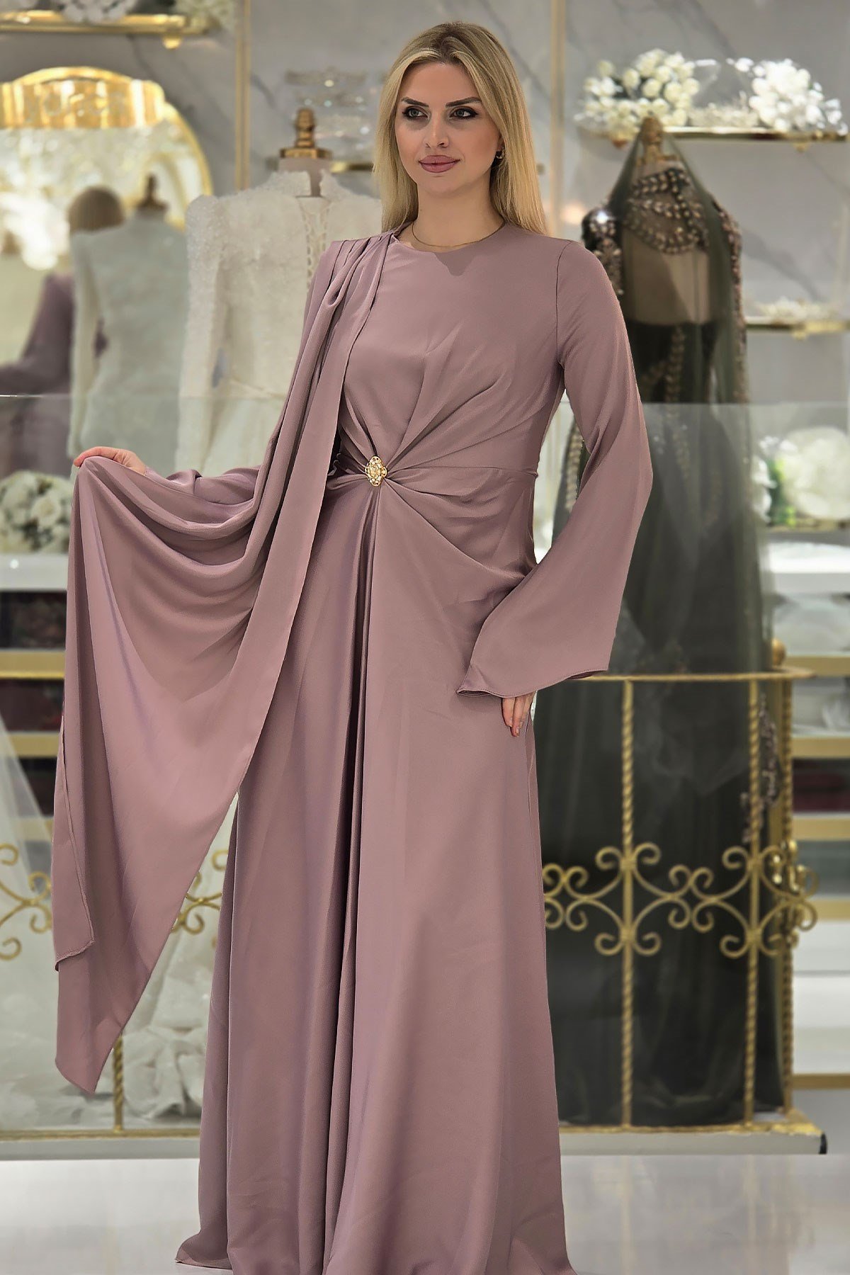 Lila Saten Tesettür Elbise 5386