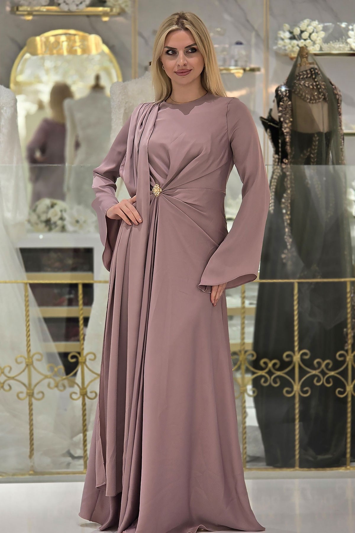 Lila Saten Tesettür Elbise 5386