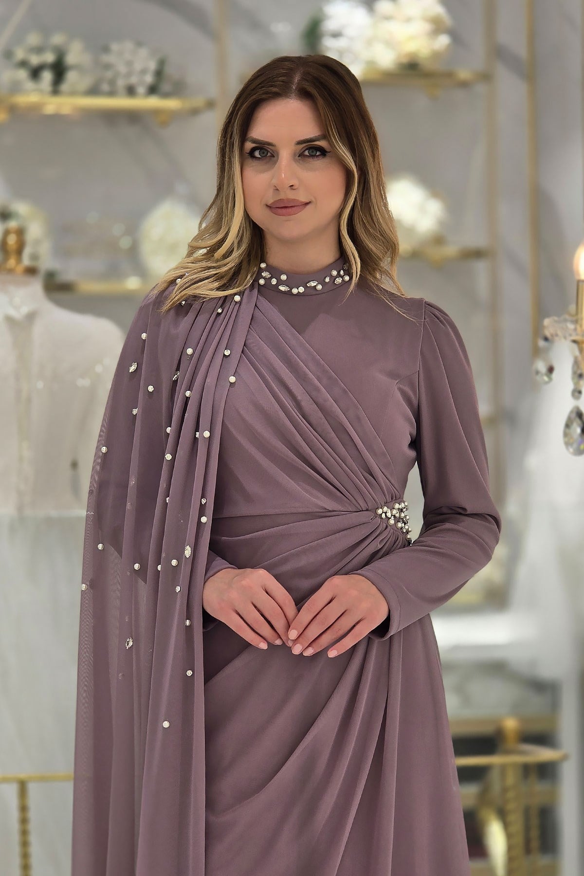Lila Tül Pelerinli Abiye 4893