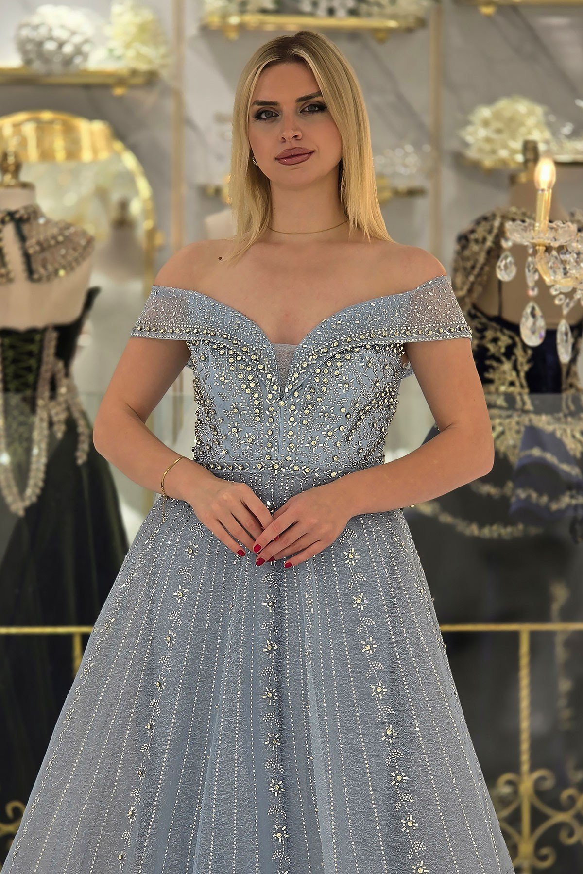 Mavi Madonna Yaka Prenses Taş Baskı Abiye 5002