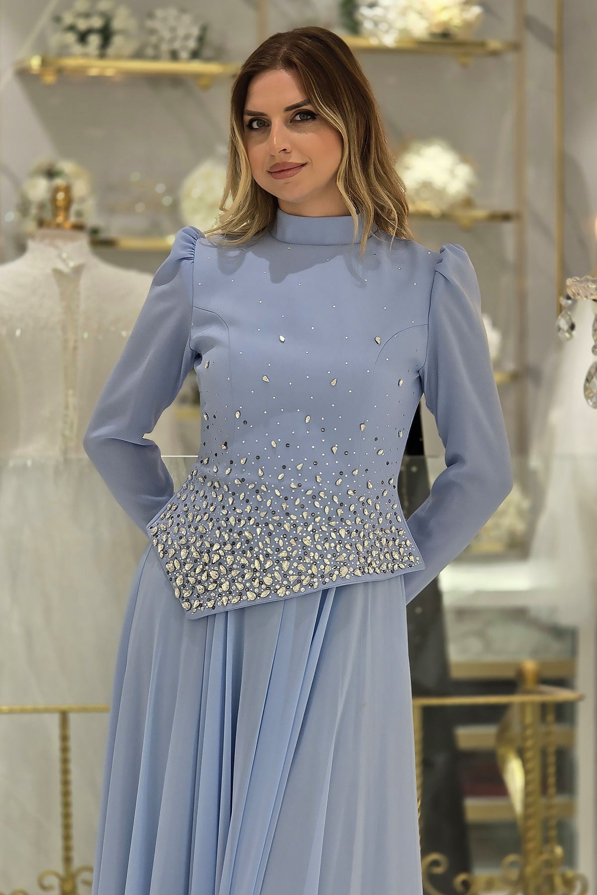 Mavi Taşlı Krep Abiye 4498