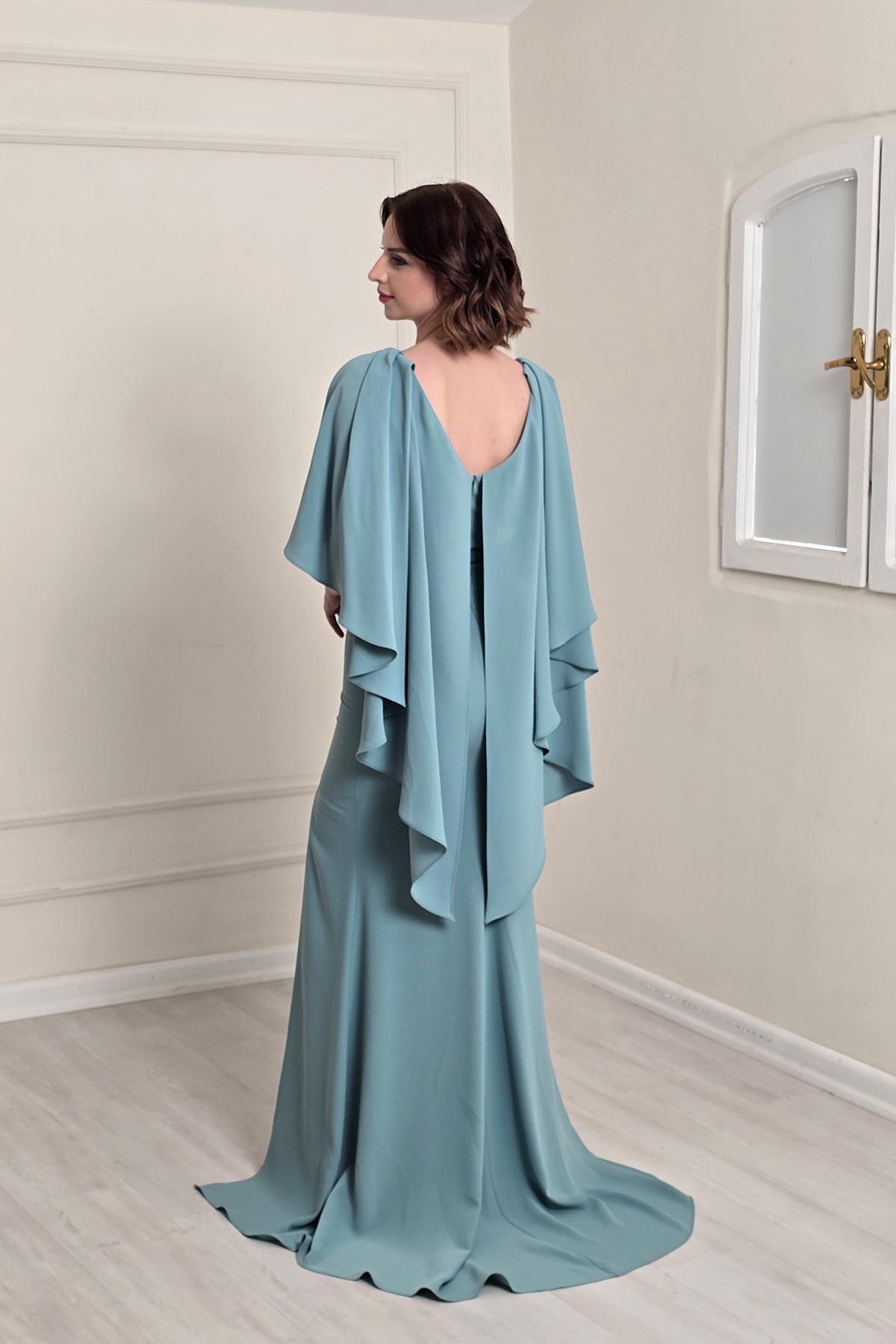 Mint Pelerinli Krep Elbise 5515