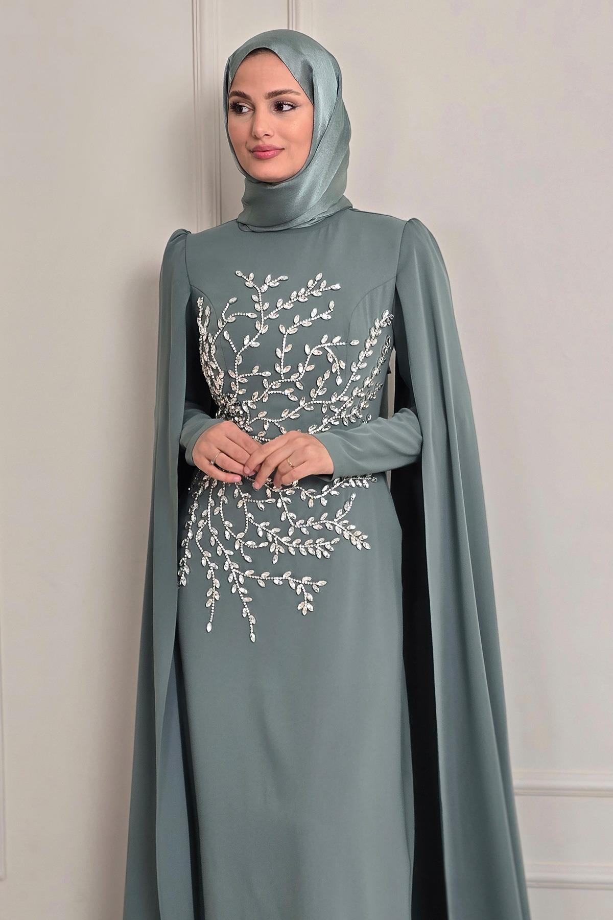 MİNT -  YEŞİLİ Krep Pelerinli T. Abiye 4991