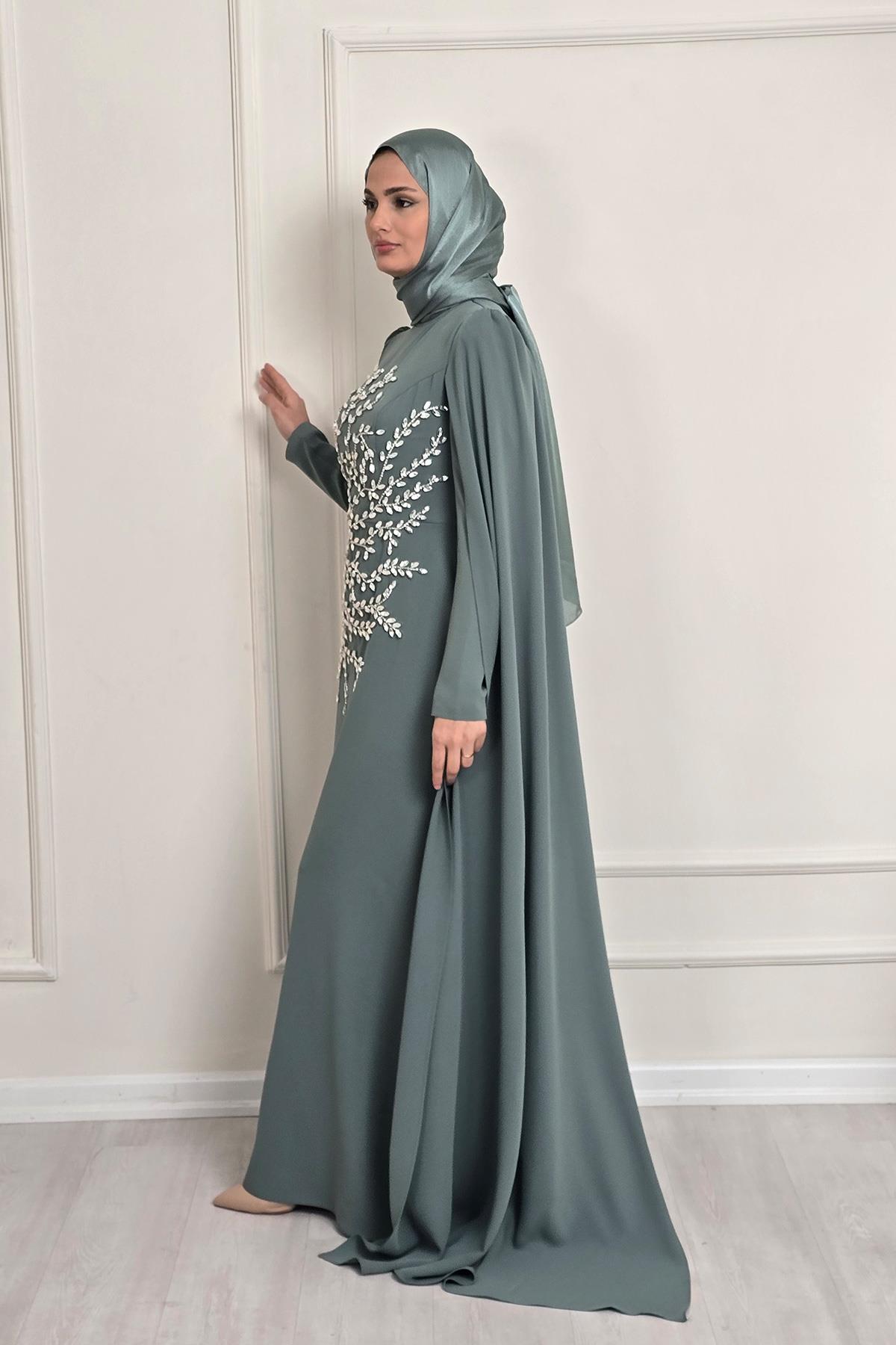 MİNT -  YEŞİLİ Krep Pelerinli T. Abiye 4991