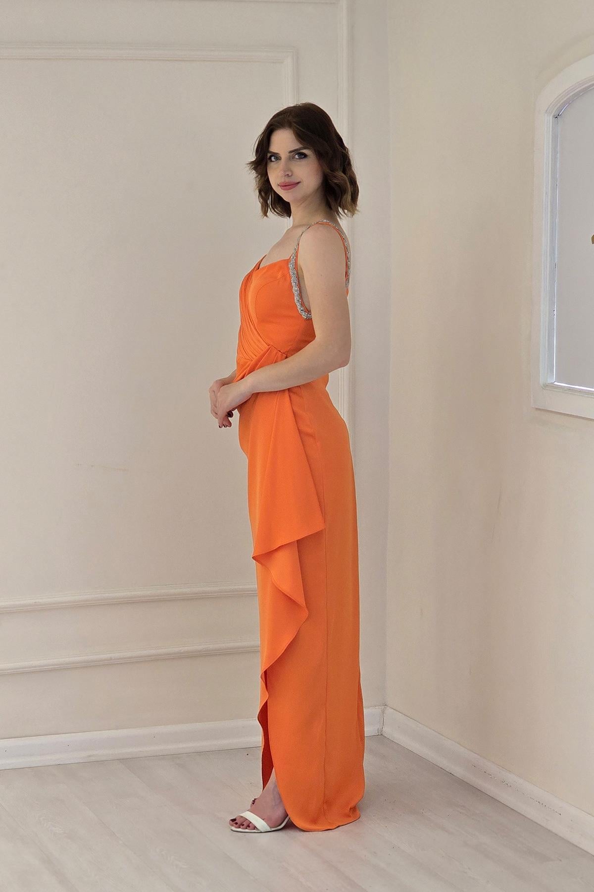 ORANGE Drapeli Askısı Taşlı Yırtmaçlı Abiye 58378